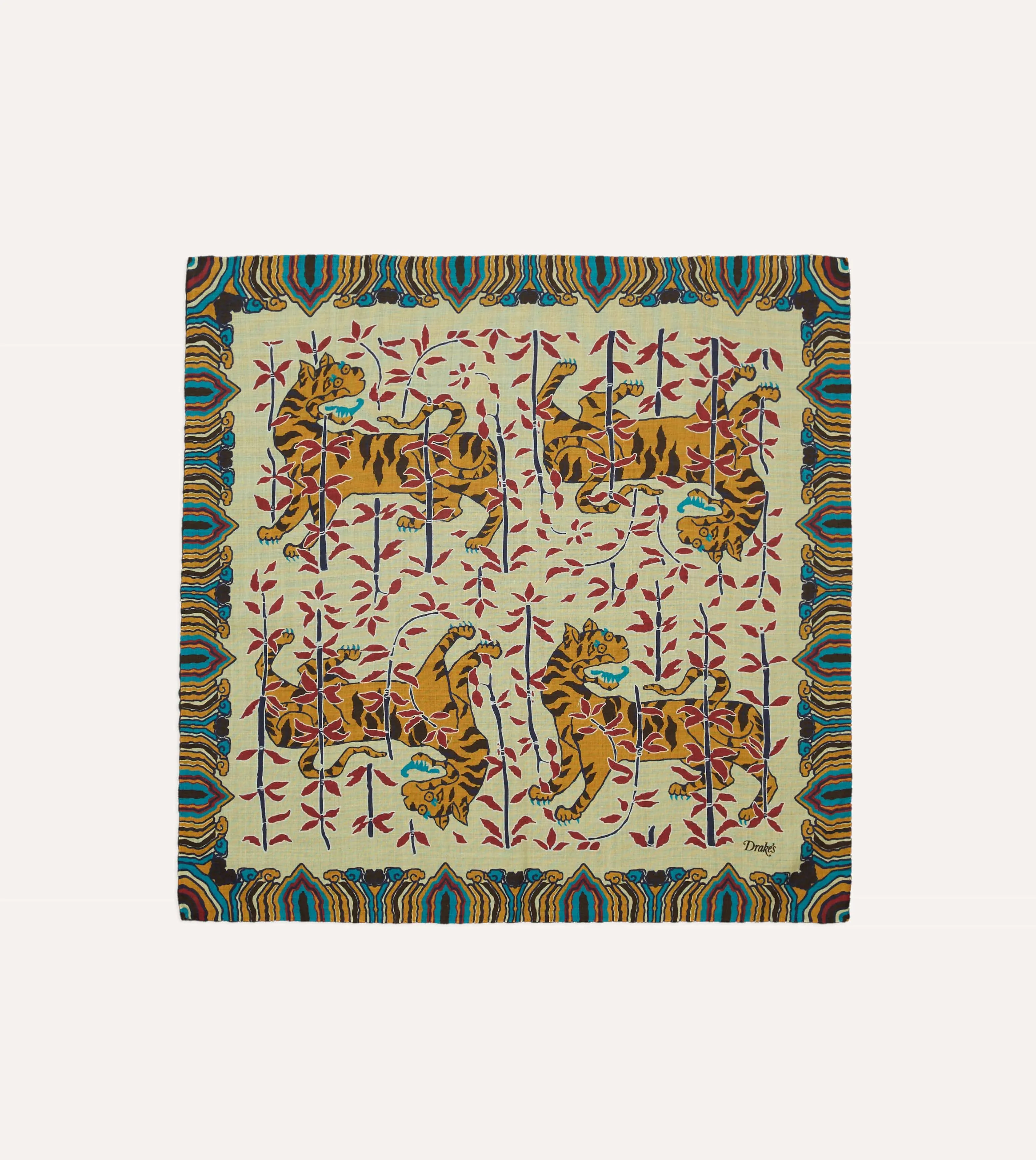 Ecru Tigers Print Wool-Silk Bandana sold by Drake's London