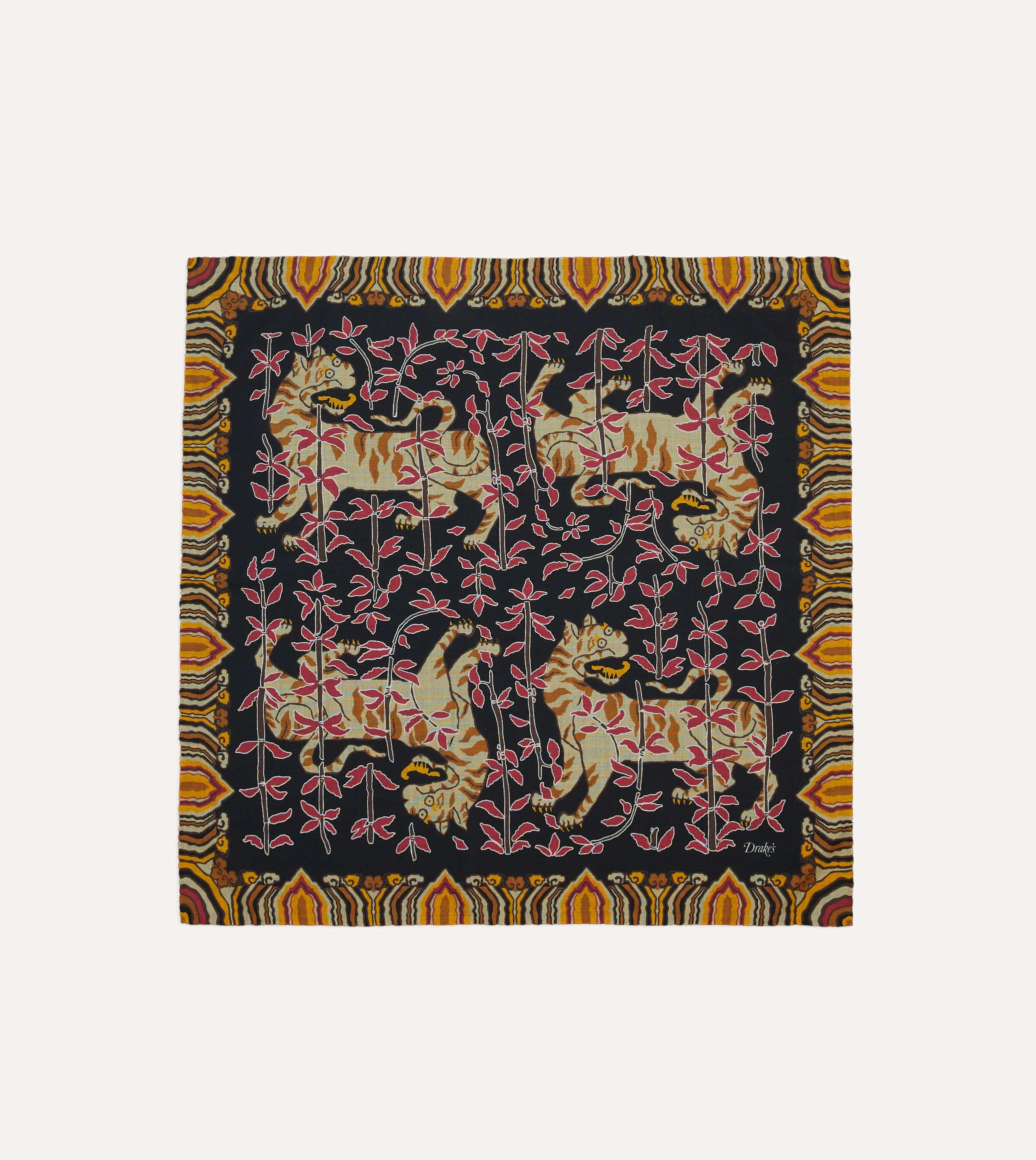 Black Tigers Print Wool-Silk Bandana sold by Drake's London