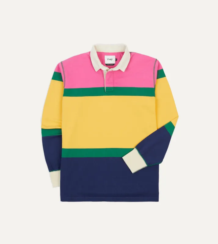 Pink, Green, Yellow and Navy Multi Stripe Cotton Rugby Shirt sold by Drake's London