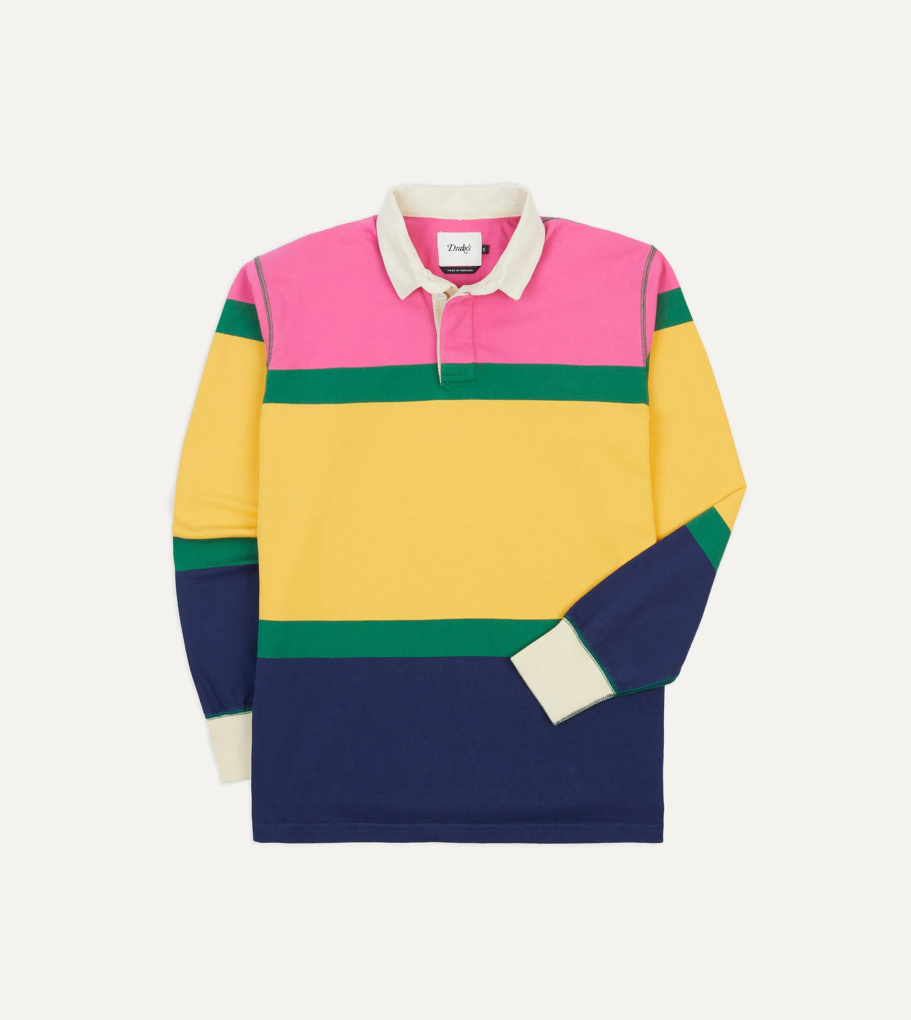 Pink, Green, Yellow and Navy Multi Stripe Cotton Rugby Shirt sold by Drake's London