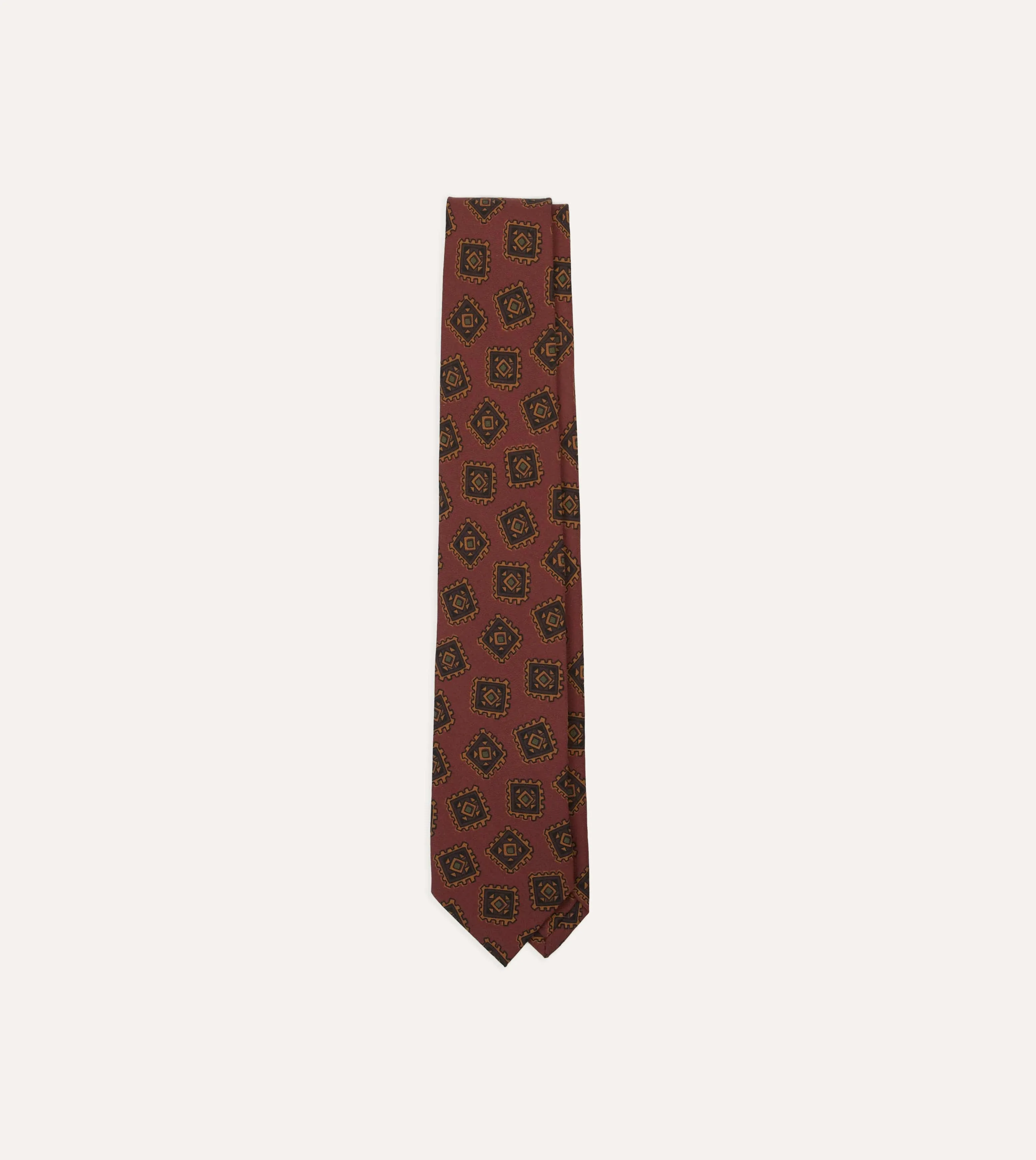 Brown Jumbled Tile Print Wool-Silk Self Tipped Tie sold by Drake's London