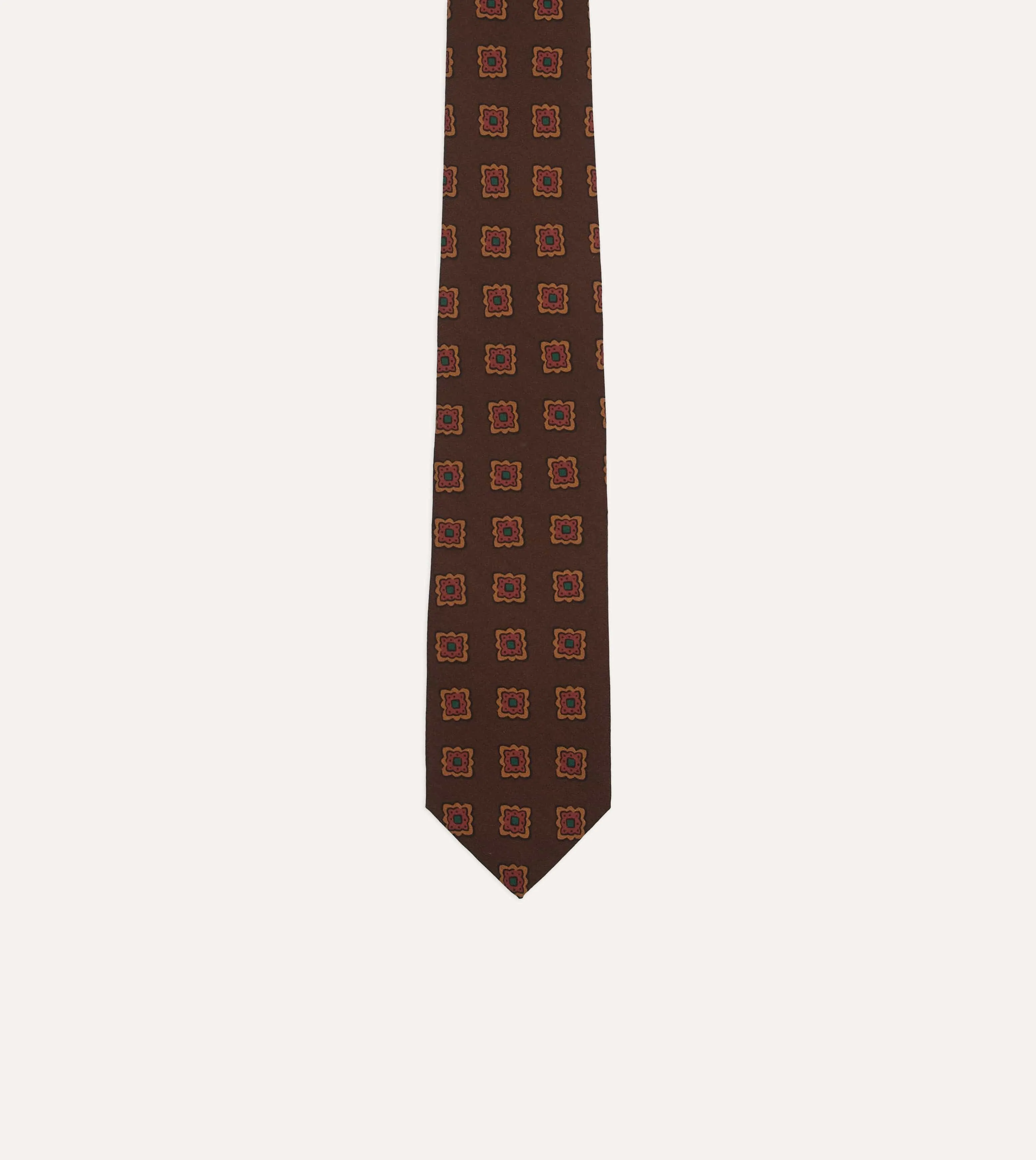 Brown Square Flower Medallion Print Wool-Silk Self Tipped Tie sold by Drake's London product image thumbnail 3
