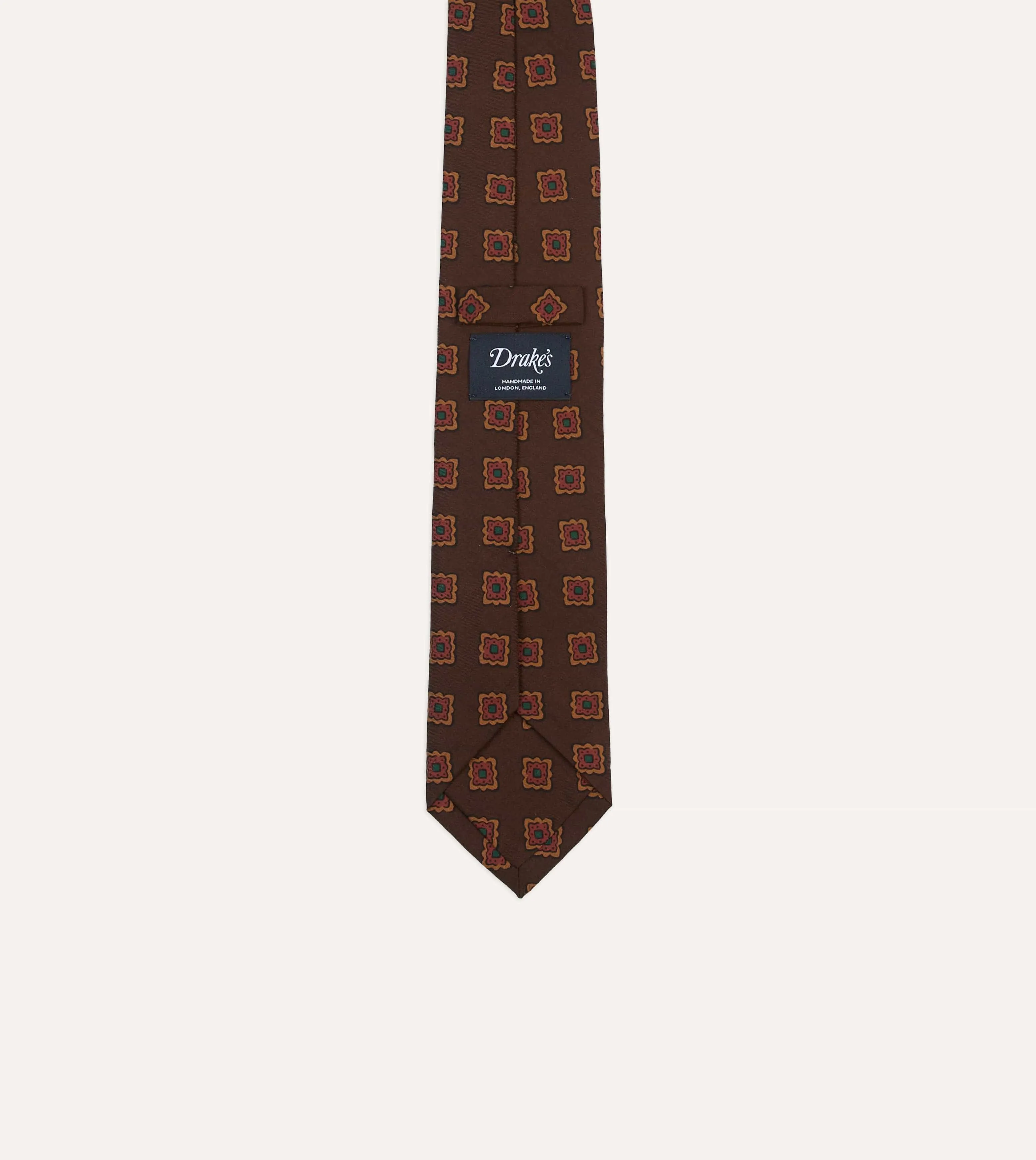 Brown Square Flower Medallion Print Wool-Silk Self Tipped Tie sold by Drake's London product image thumbnail 4