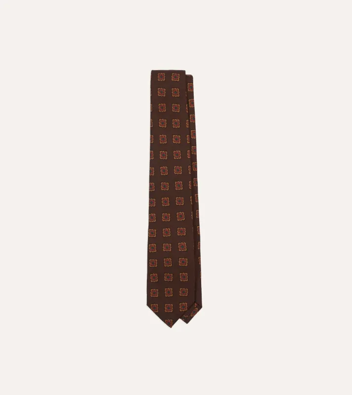 Brown Square Flower Medallion Print Wool-Silk Self Tipped Tie sold by Drake's London