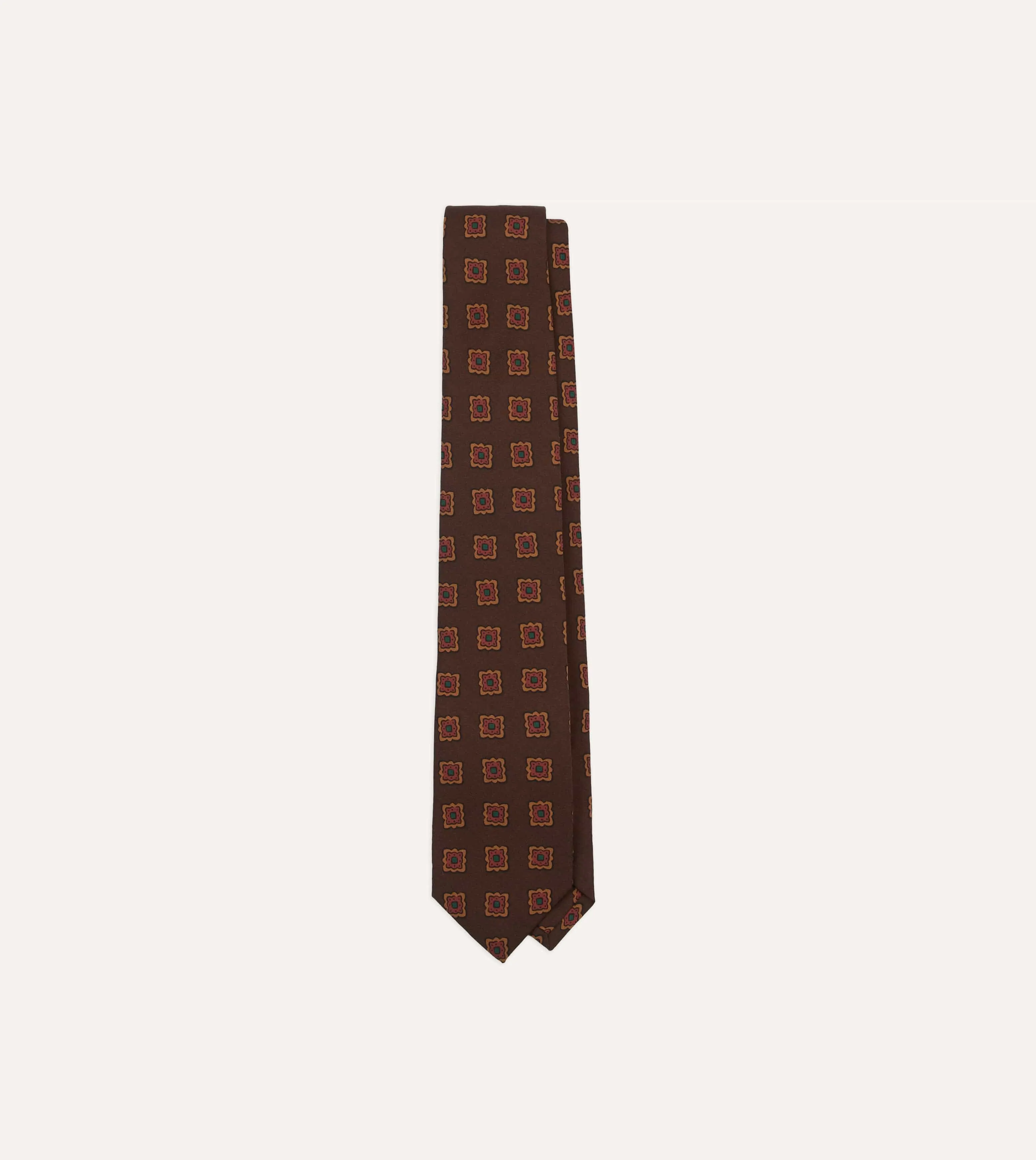 Brown Square Flower Medallion Print Wool-Silk Self Tipped Tie sold by Drake's London