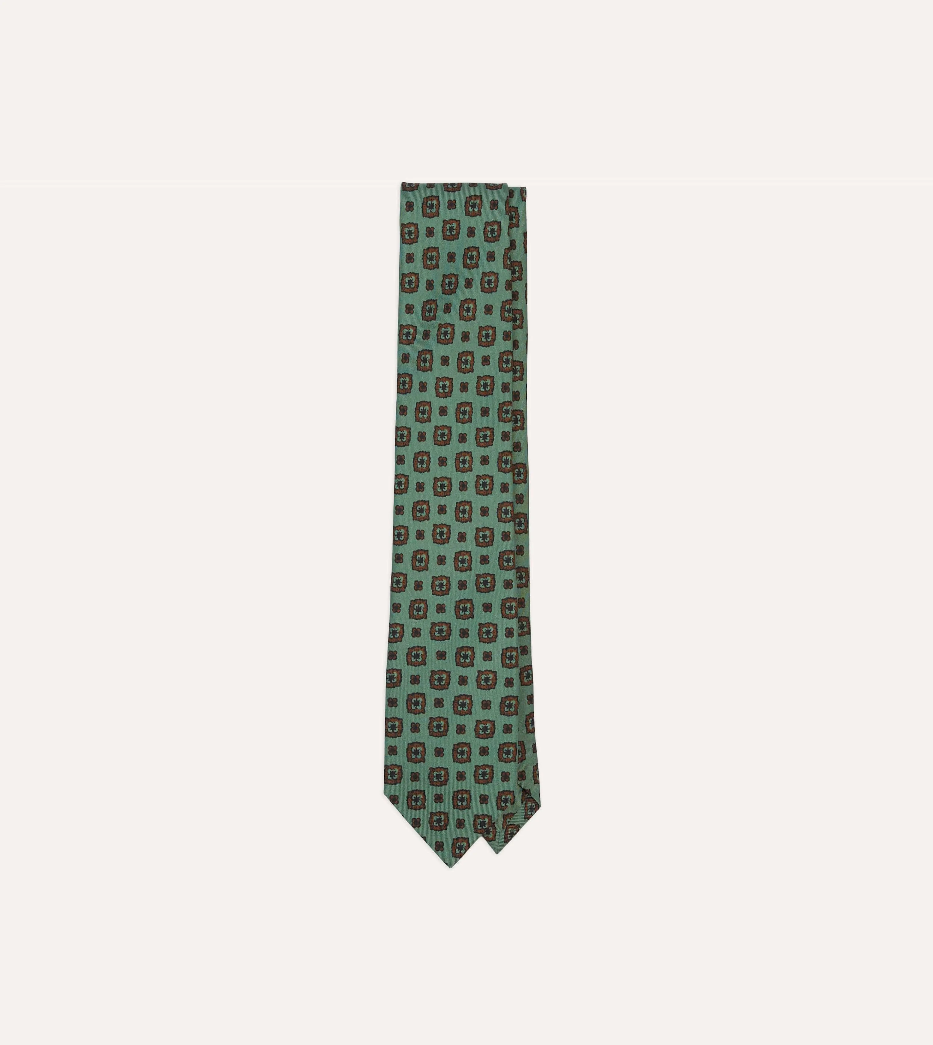 Green Flower Medallion Print Silk Self Tipped Tie sold by Drake's London