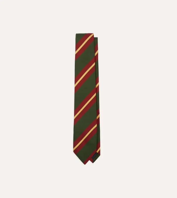 Green, Red and Gold Stripe Mogador Cotton-Silk Tipped Tie sold by Drake's London
