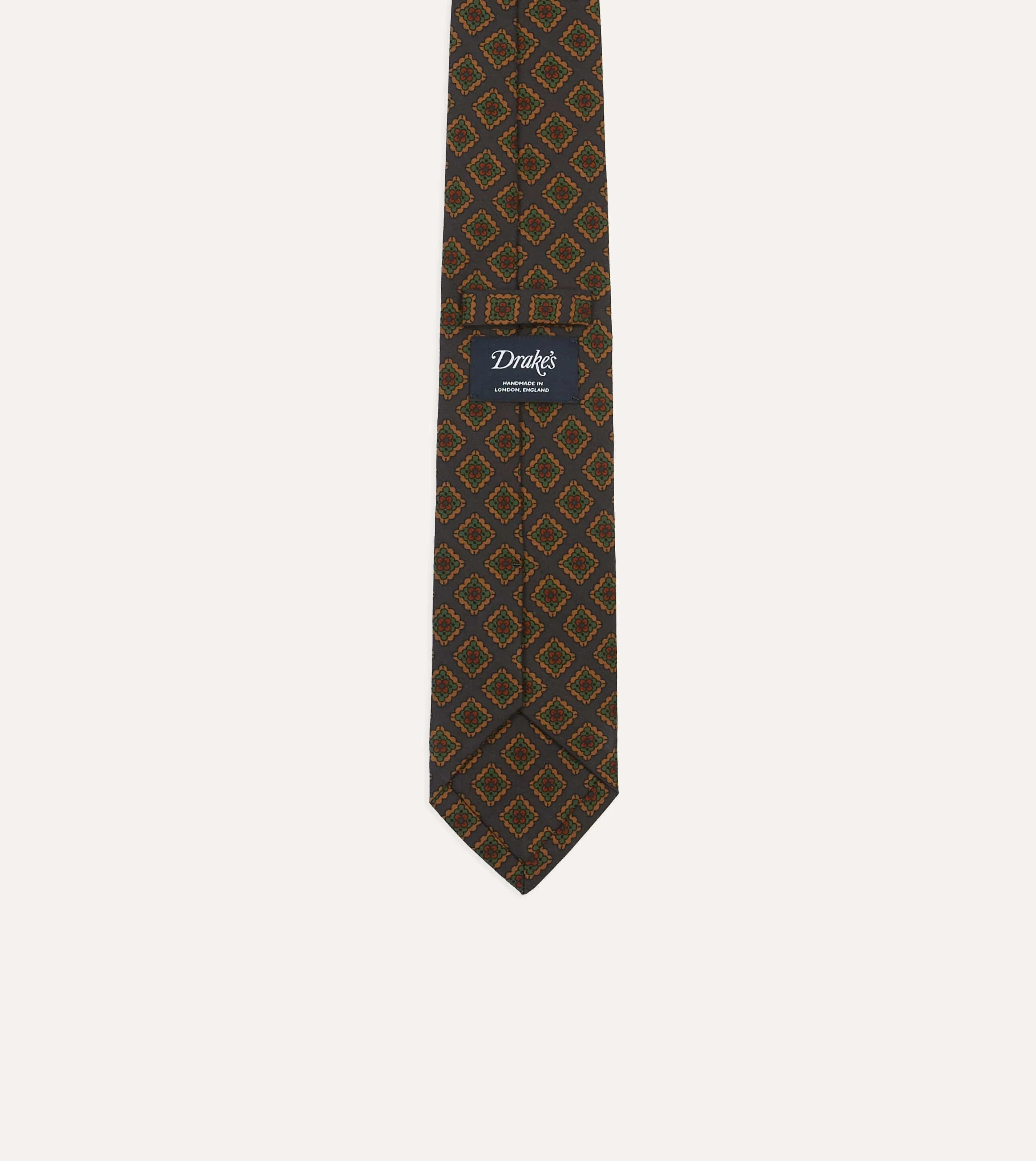 Navy Square Flower Medallion Print Wool-Silk Self Tipped Tie sold by Drake's London product image thumbnail 4