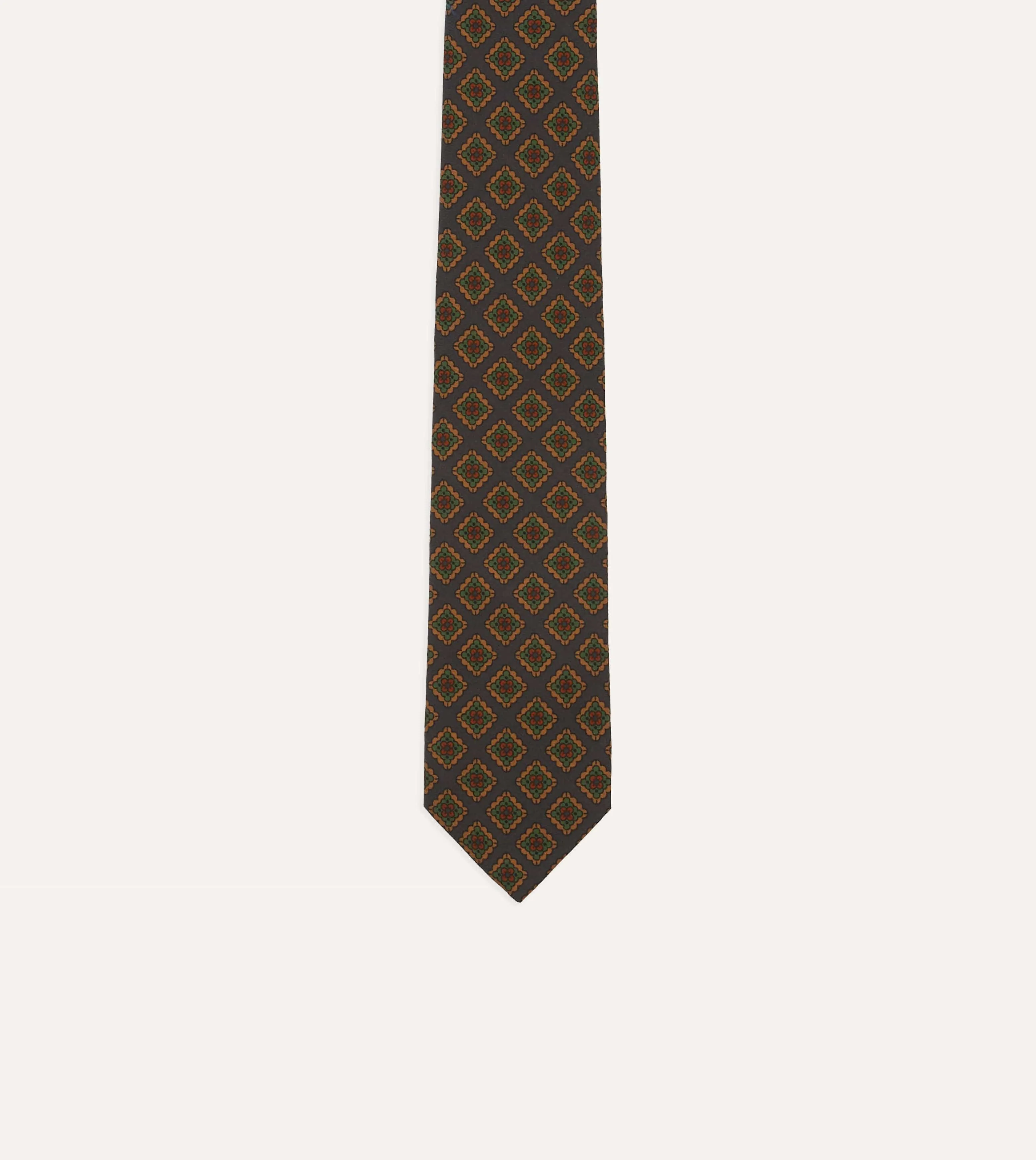 Navy Square Flower Medallion Print Wool-Silk Self Tipped Tie sold by Drake's London product image thumbnail 3