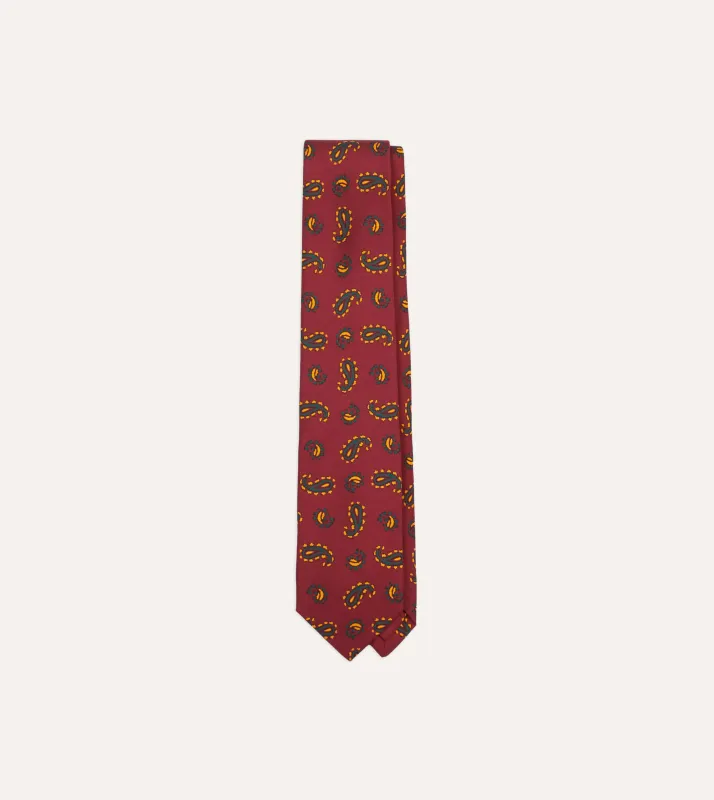 Red Paisley Print Silk Self Tipped Tie sold by Drake's London