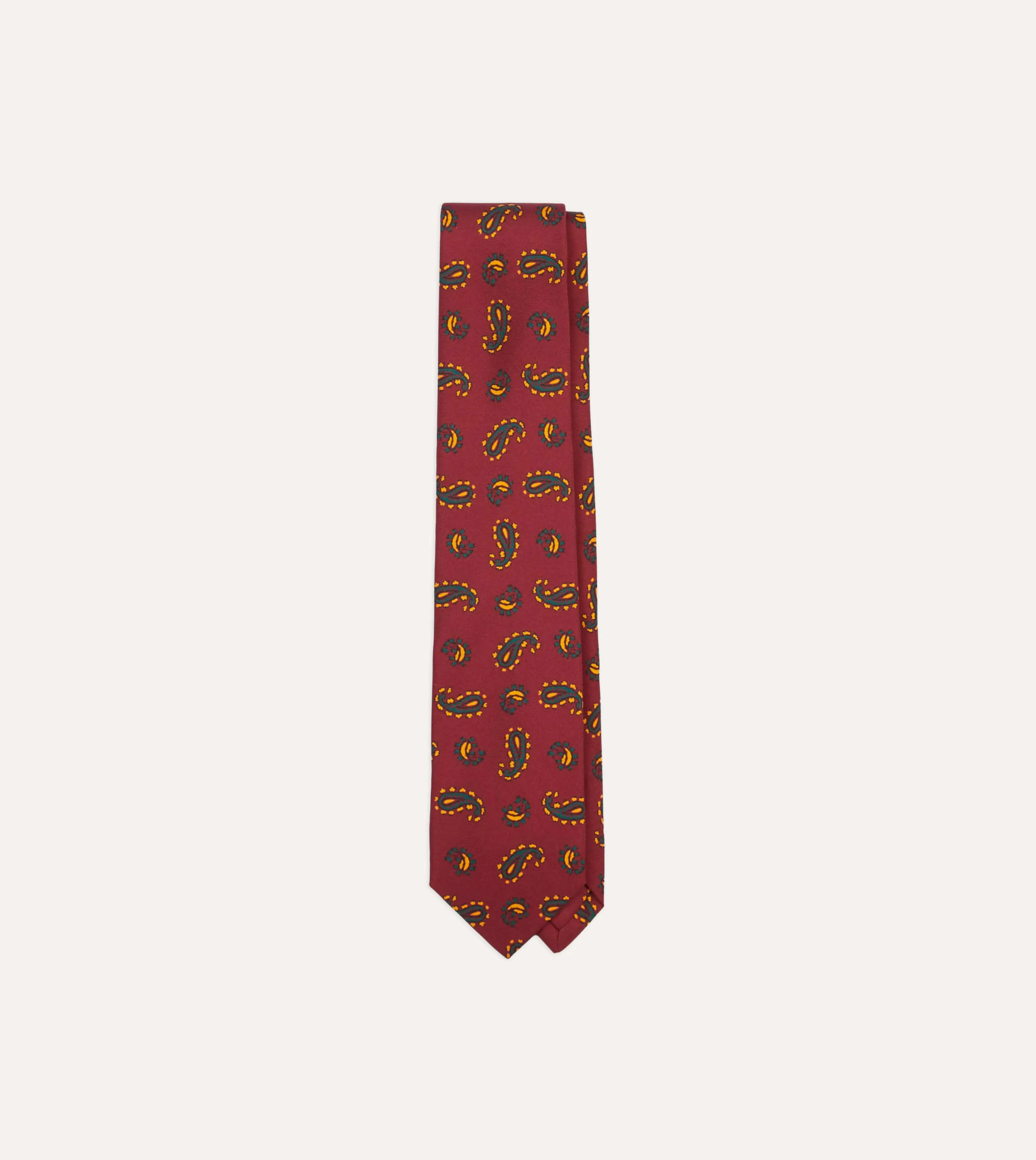Red Paisley Print Silk Self Tipped Tie sold by Drake's London