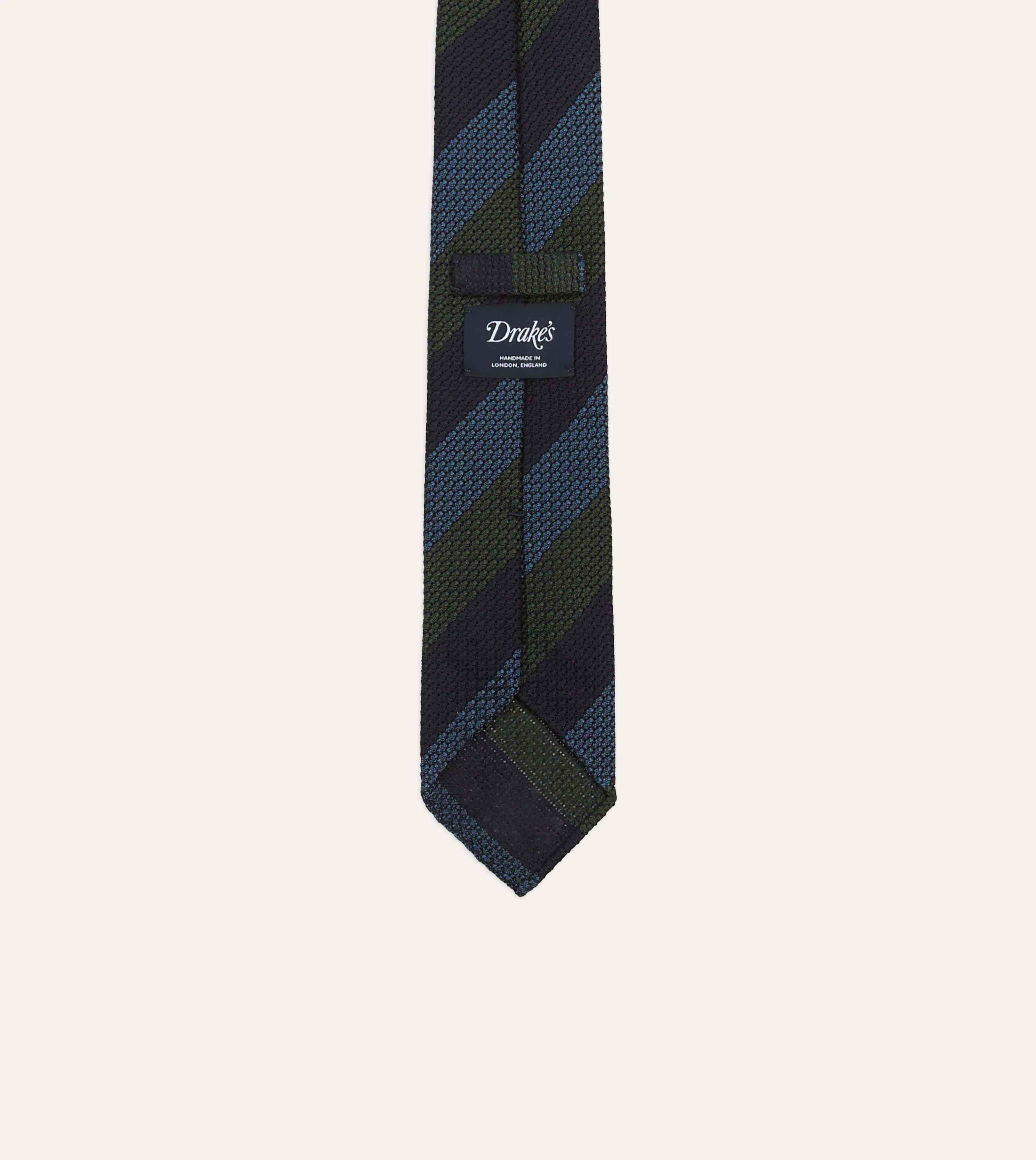 Navy, Green and Blue Block Stripe Hand Rolled Silk Grenadine Tie sold by Drake's London product image thumbnail 4