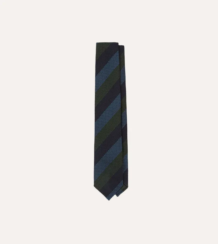 Navy, Green and Blue Block Stripe Hand Rolled Silk Grenadine Tie sold by Drake's London