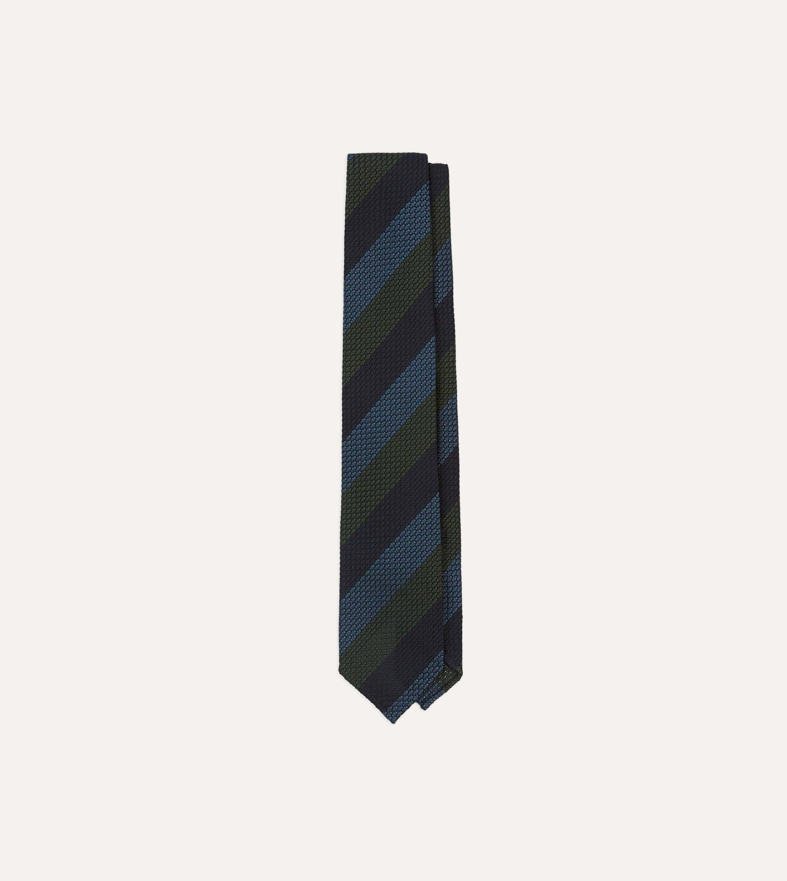 Navy, Green and Blue Block Stripe Hand Rolled Silk Grenadine Tie sold by Drake's London