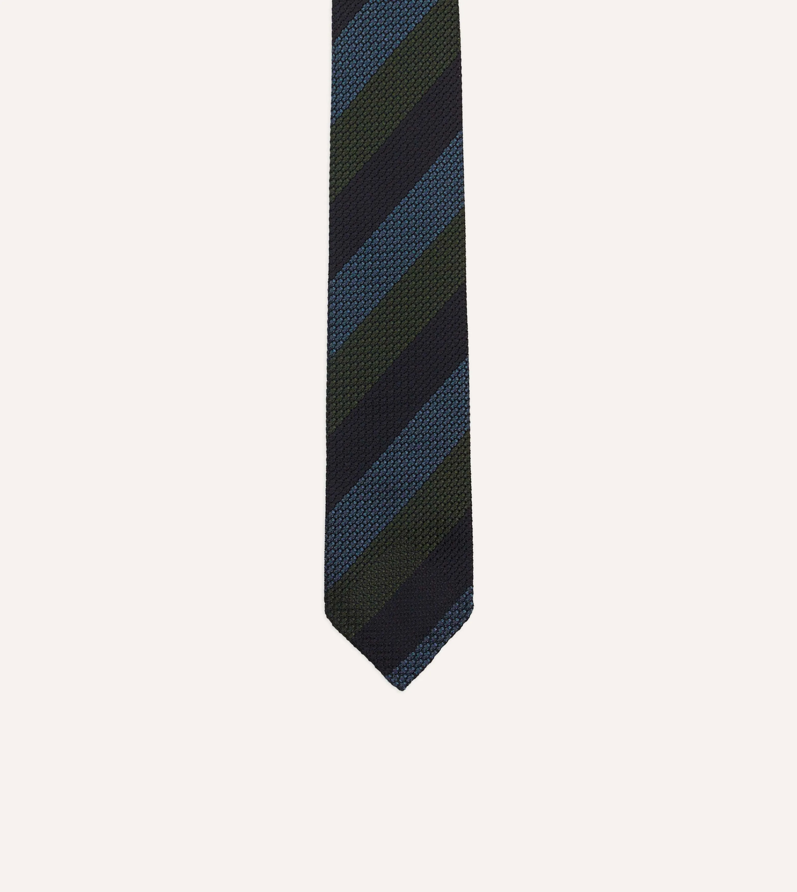 Navy, Green and Blue Block Stripe Hand Rolled Silk Grenadine Tie sold by Drake's London product image thumbnail 3