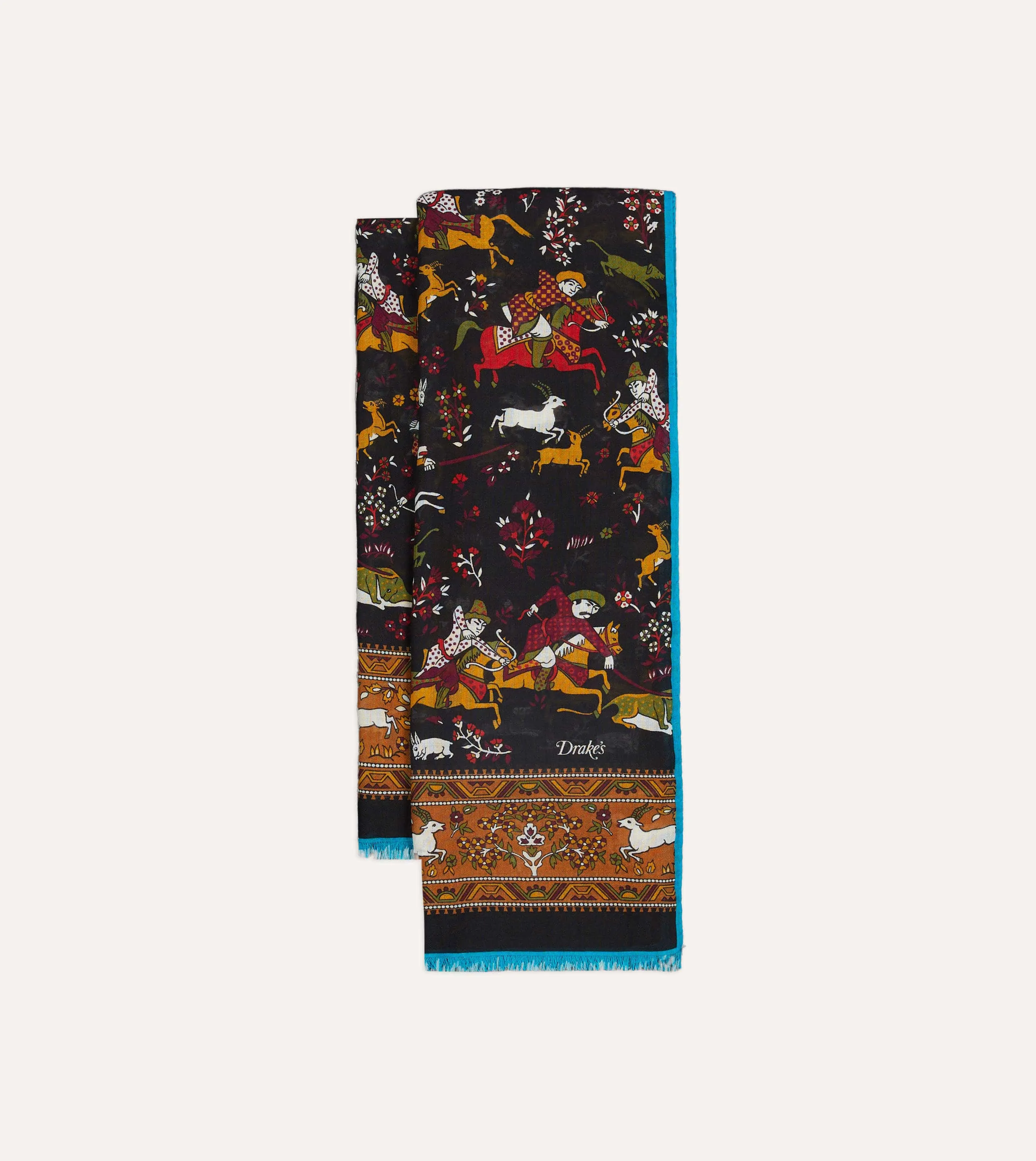 Black Mughal Archer Print Wool Silk Scarf sold by Drake's London