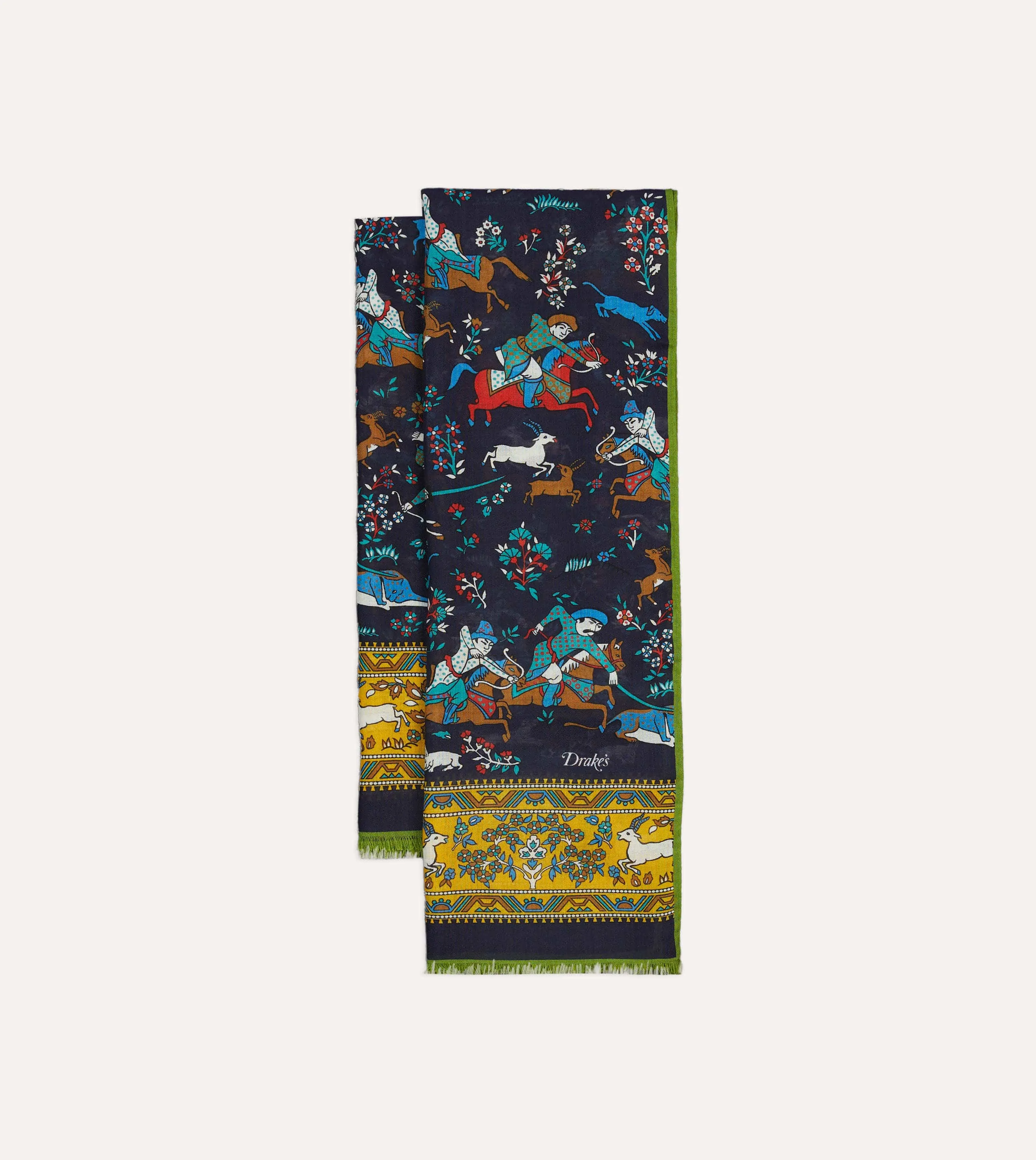 Navy Mughal Archer Print Wool Silk Scarf sold by Drake's London