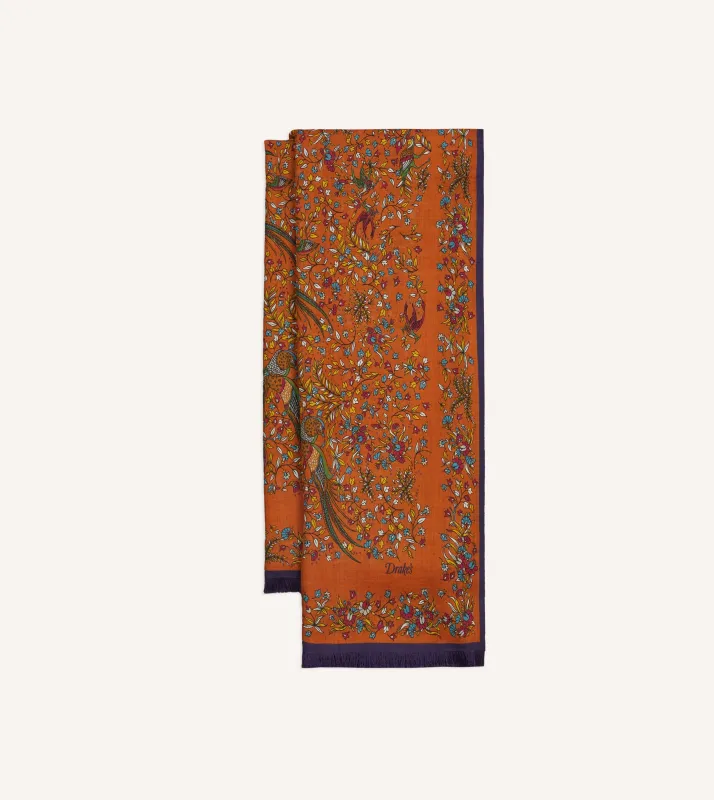 Orange Birds of Paradise Print Tubular Wool Silk Scarf sold by Drake's London