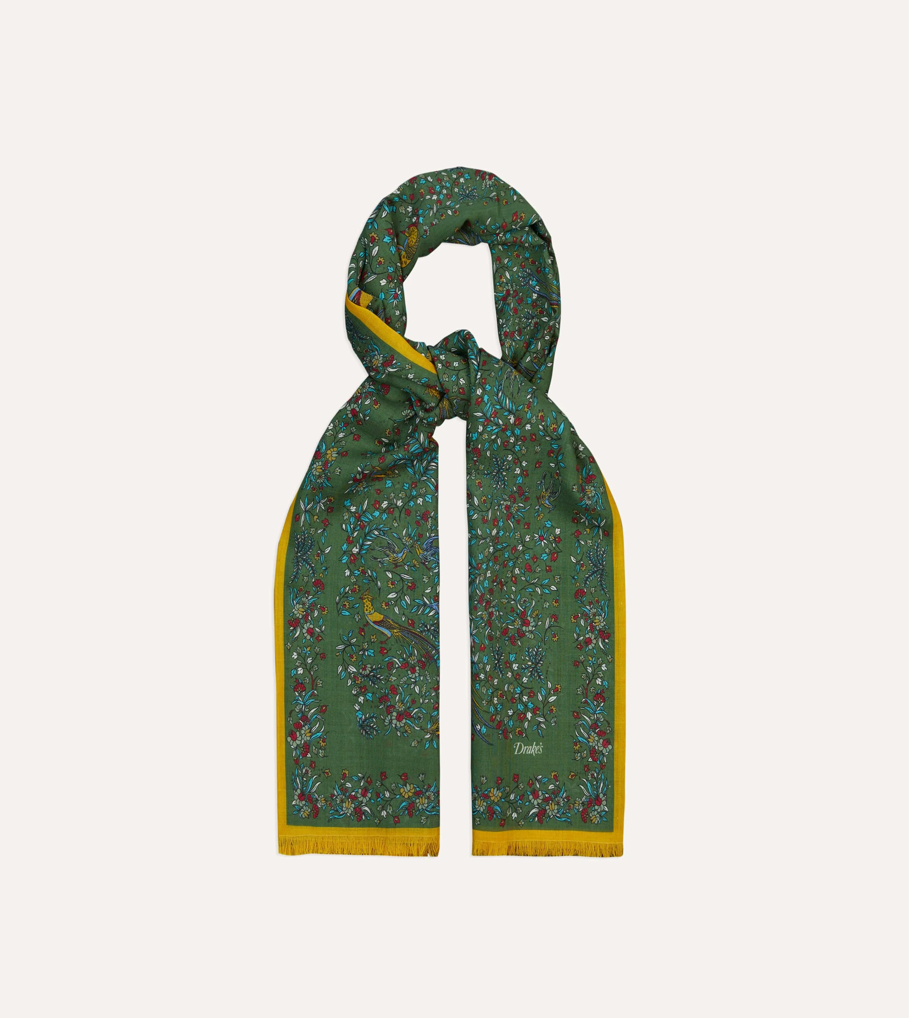 Green Birds of Paradise Print Tubular Wool Silk Scarf sold by Drake's London product image thumbnail 4