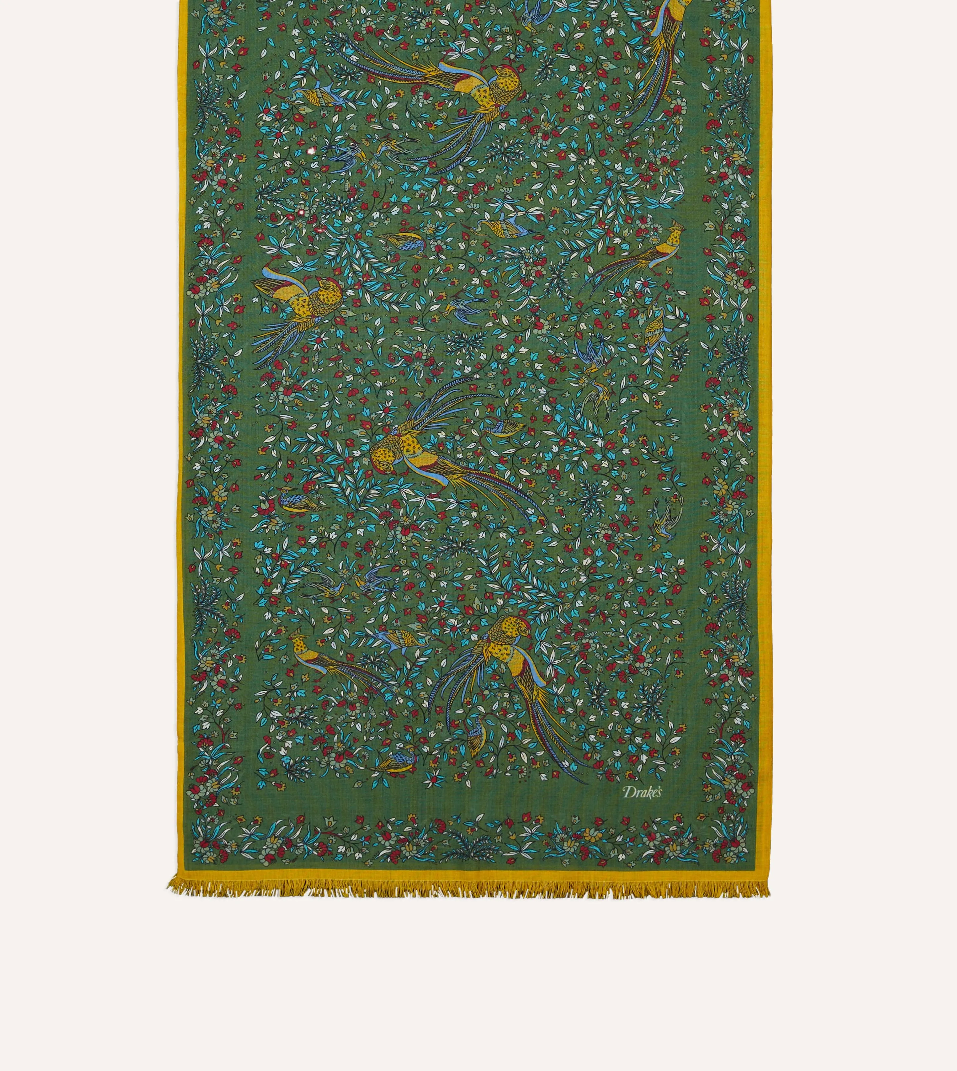 Green Birds of Paradise Print Tubular Wool Silk Scarf sold by Drake's London product image thumbnail 3