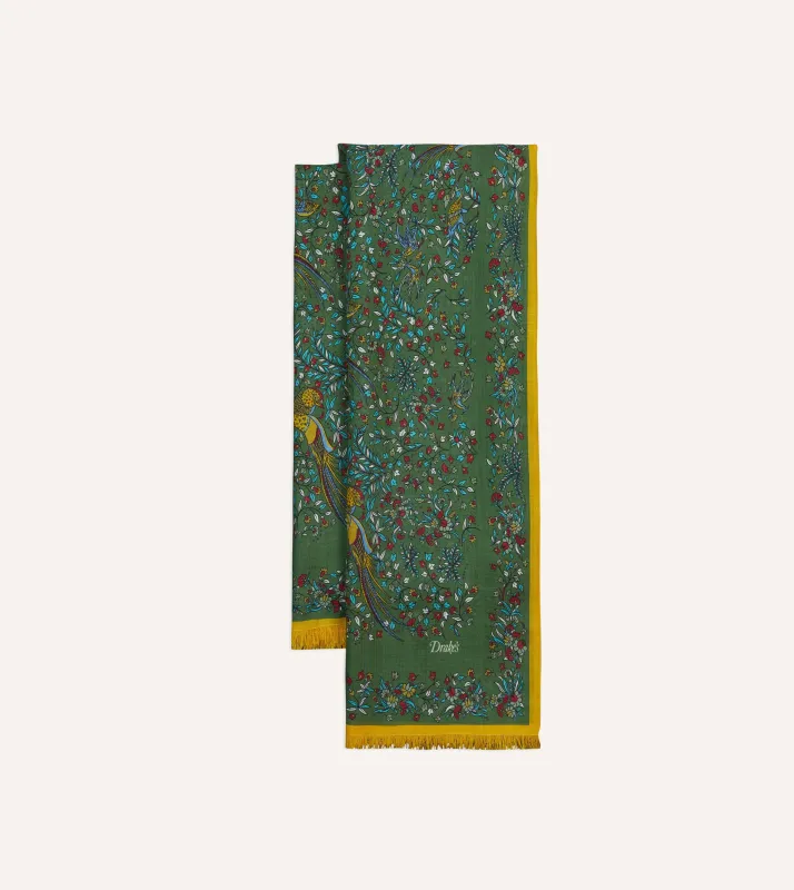 Green Birds of Paradise Print Tubular Wool Silk Scarf sold by Drake's London