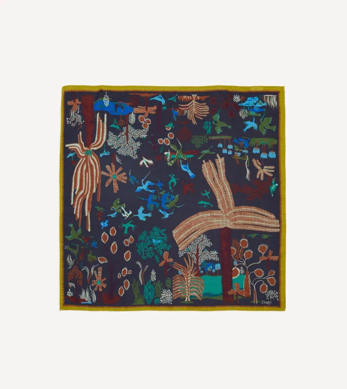 Navy Palm Print Wool-Silk Bandana sold by Drake's London