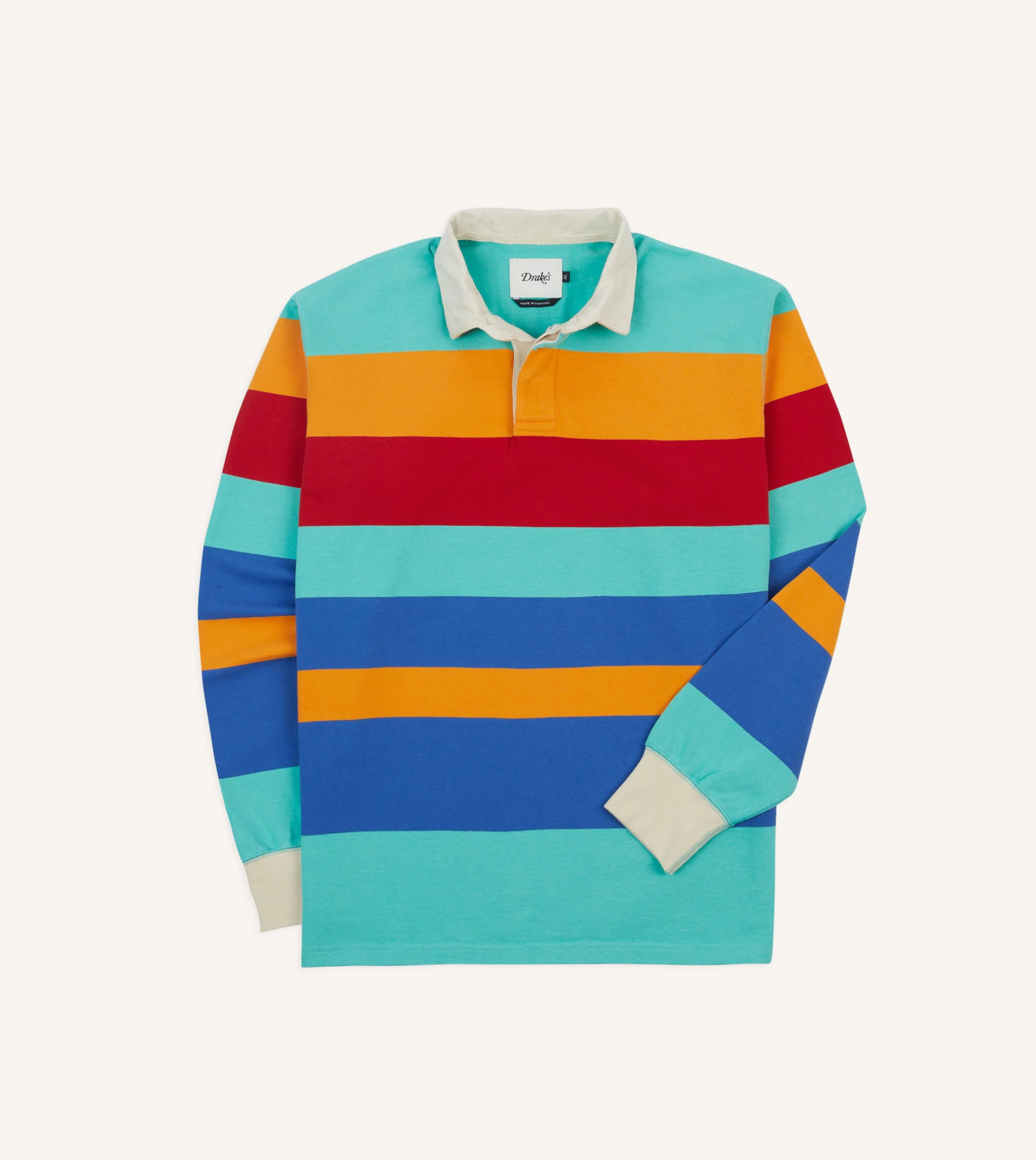 Turquoise, Yellow, Blue and Red Multi Stripe Cotton Rugby Shirt sold by Drake's London