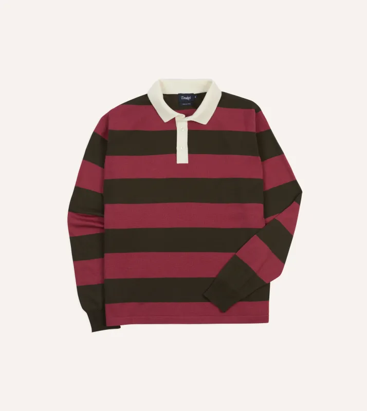Pink and Olive Block Stripe Knitted Rugby Shirt made by Drake's London