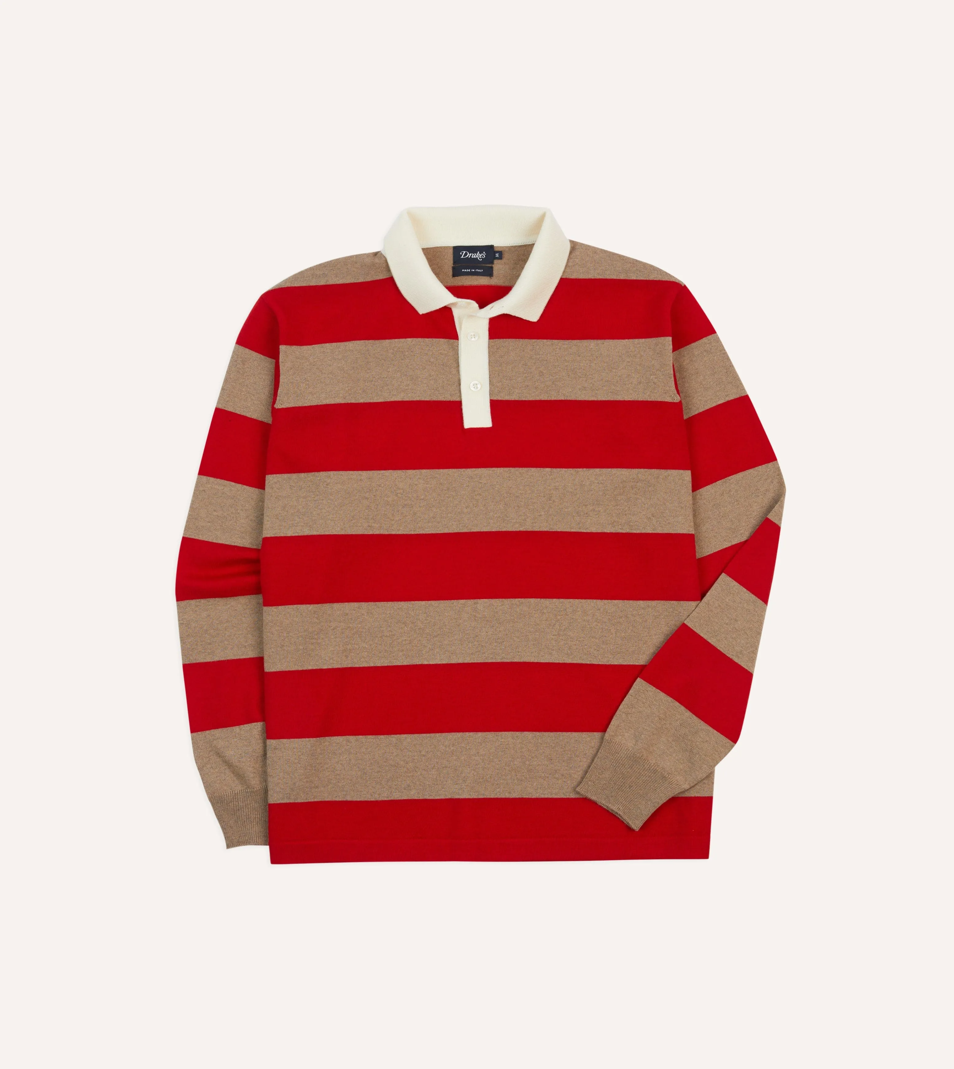 Red and Tan Block Stripe Knitted Rugby Shirt sold by Drake's London