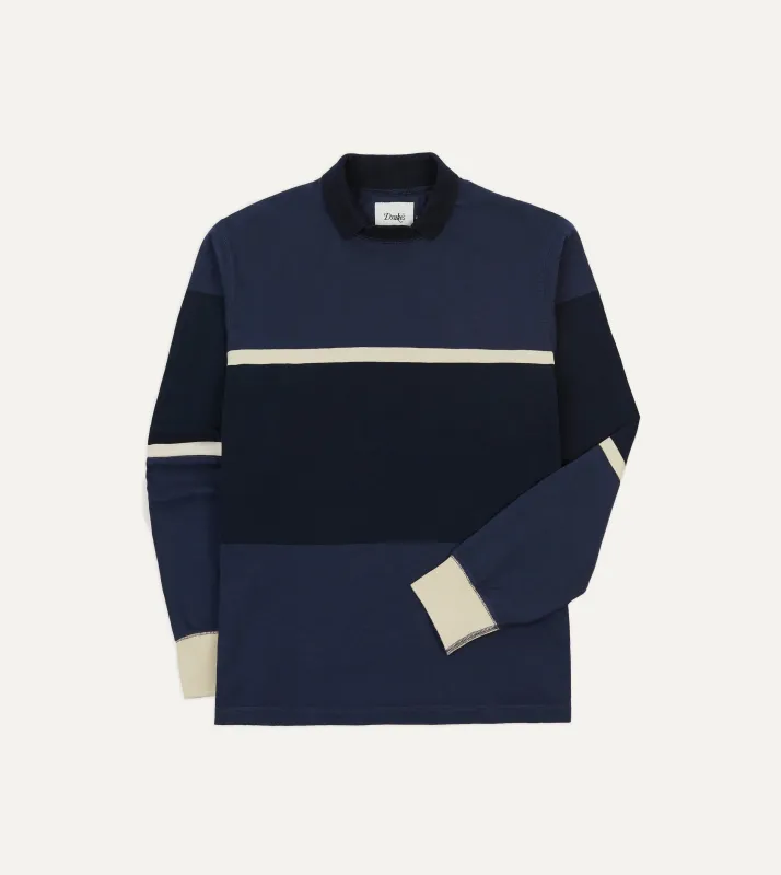 Navy and Ecru Stripe Mock Collar Long-Sleeve Jersey sold by Drake's London