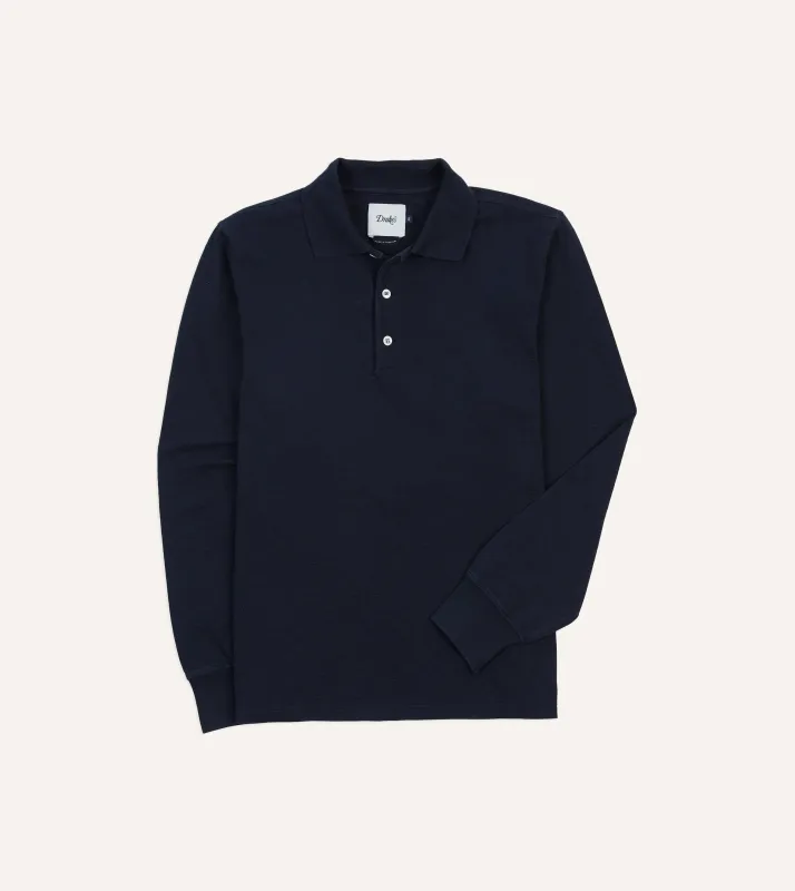Navy Pique Cotton Long-Sleeve Polo Shirt made by Drake's London