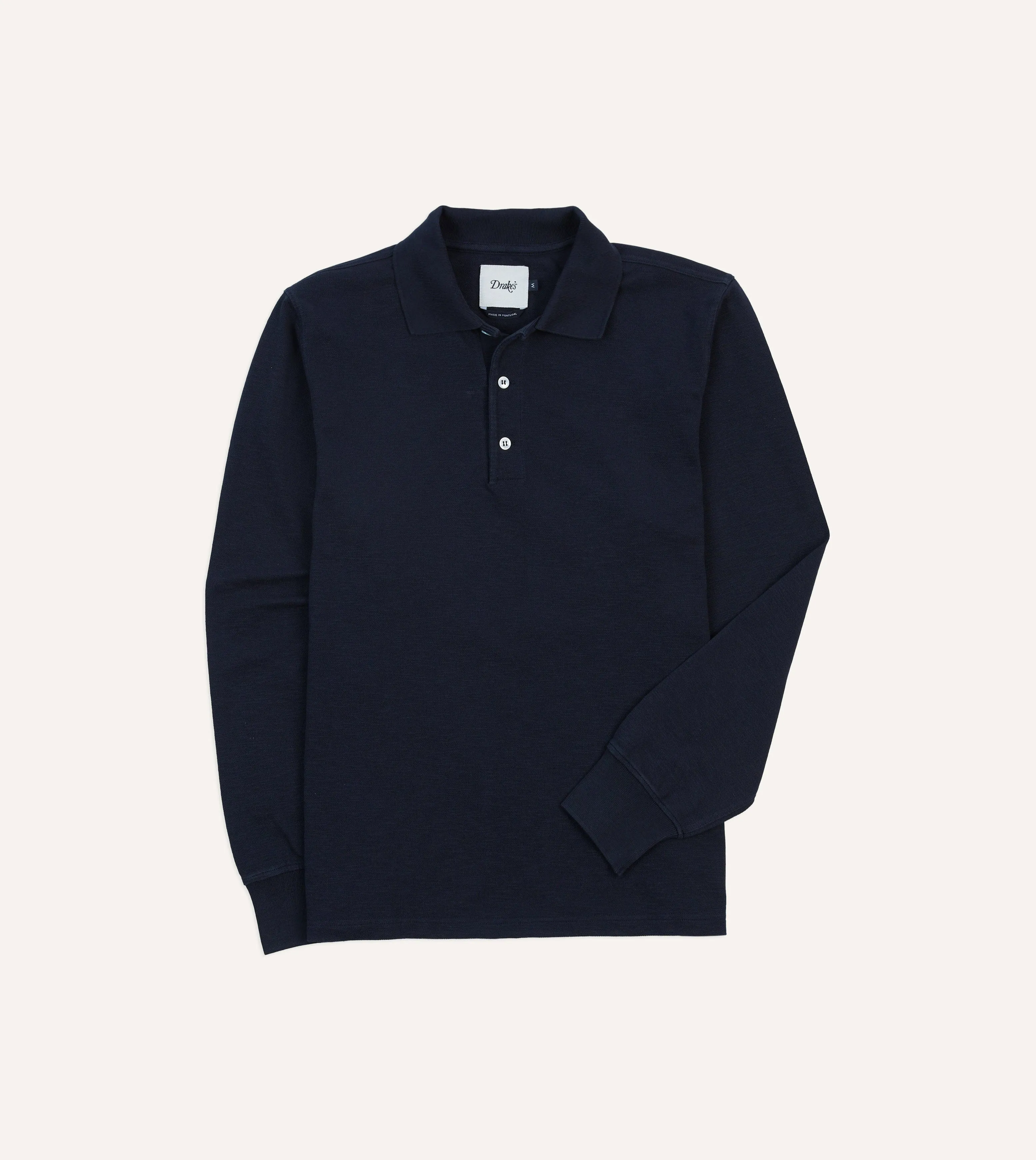 Navy Pique Cotton Long-Sleeve Polo Shirt sold by Drake's London