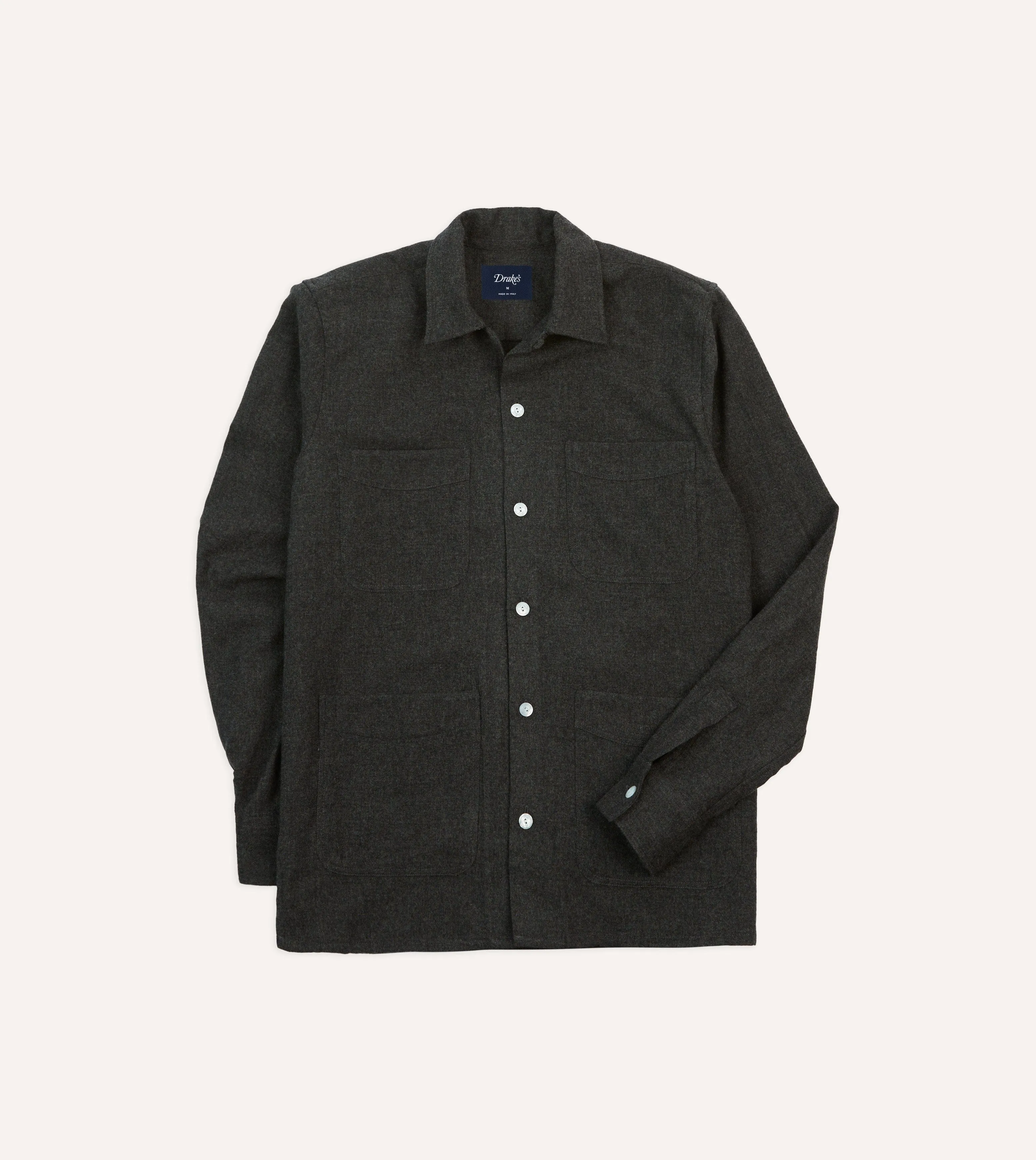 Grey Wool Four-Pocket Camp Collar Work Shirt sold by Drake's London