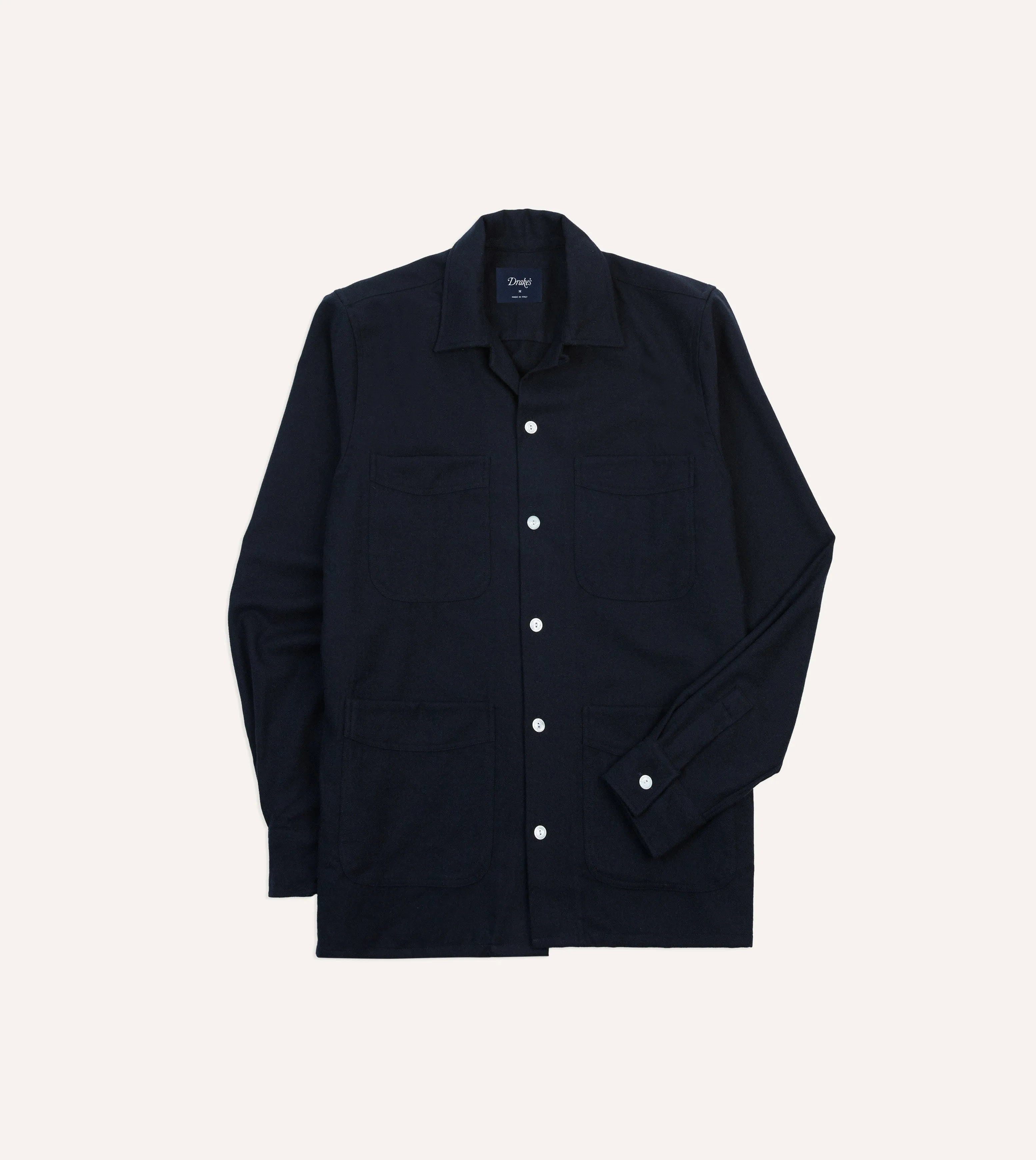 Navy Wool Four-Pocket Camp Collar Work Shirt sold by Drake's London