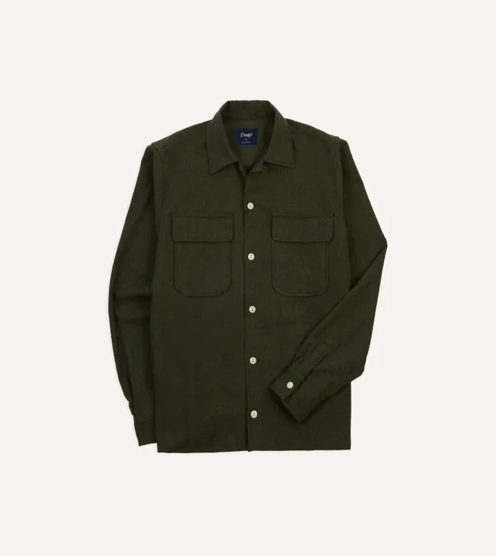 Dark Green Wool Two-Pocket Camp Collar Work Shirt sold by Drake's London