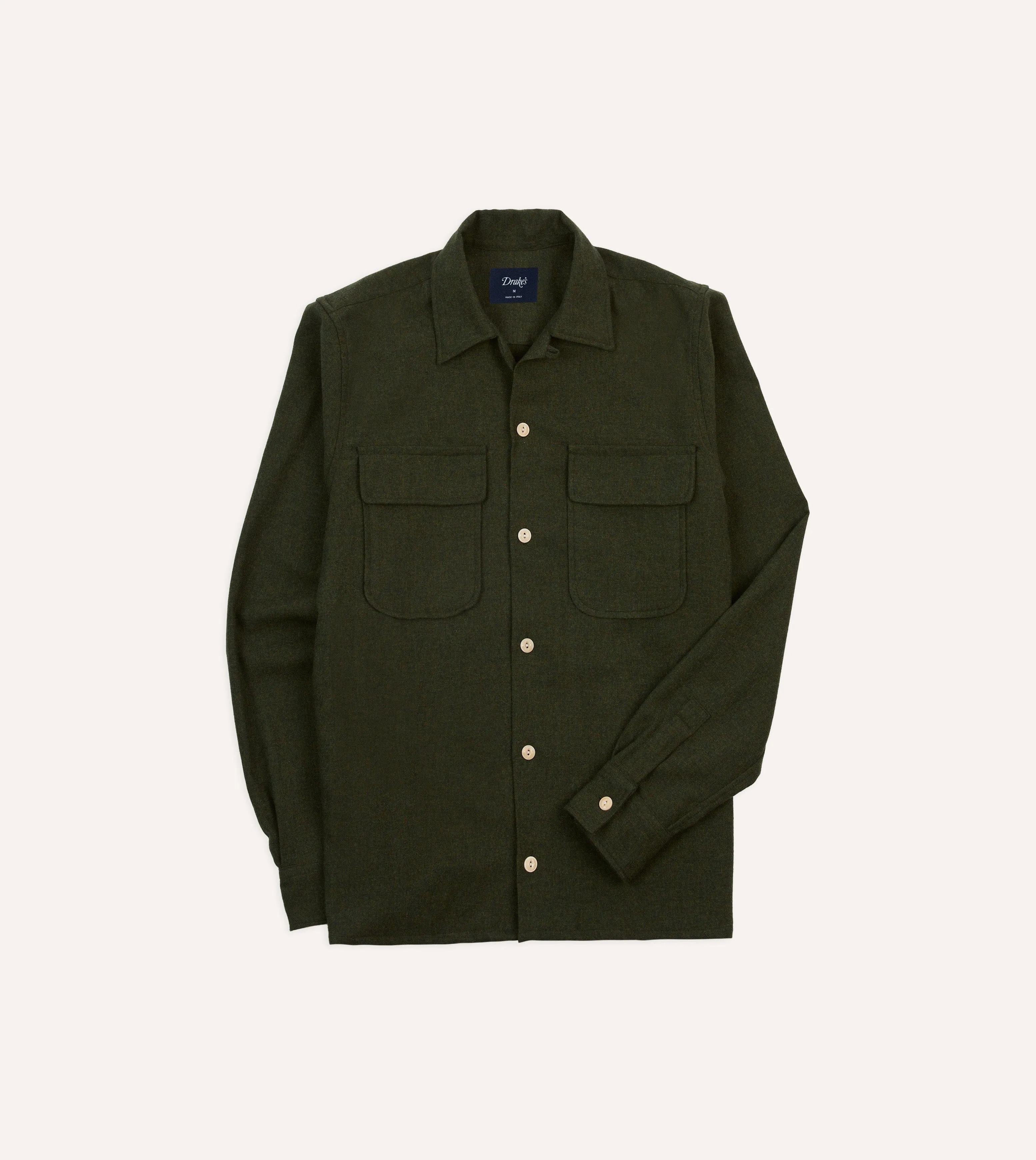 Dark Green Wool Two-Pocket Camp Collar Work Shirt sold by Drake's London