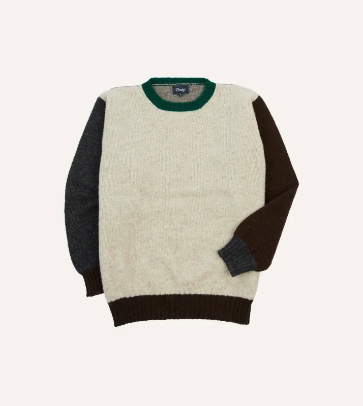 Ecru Multi Colourblock Brushed Shetland Crew Neck Jumper sold by Drake's London