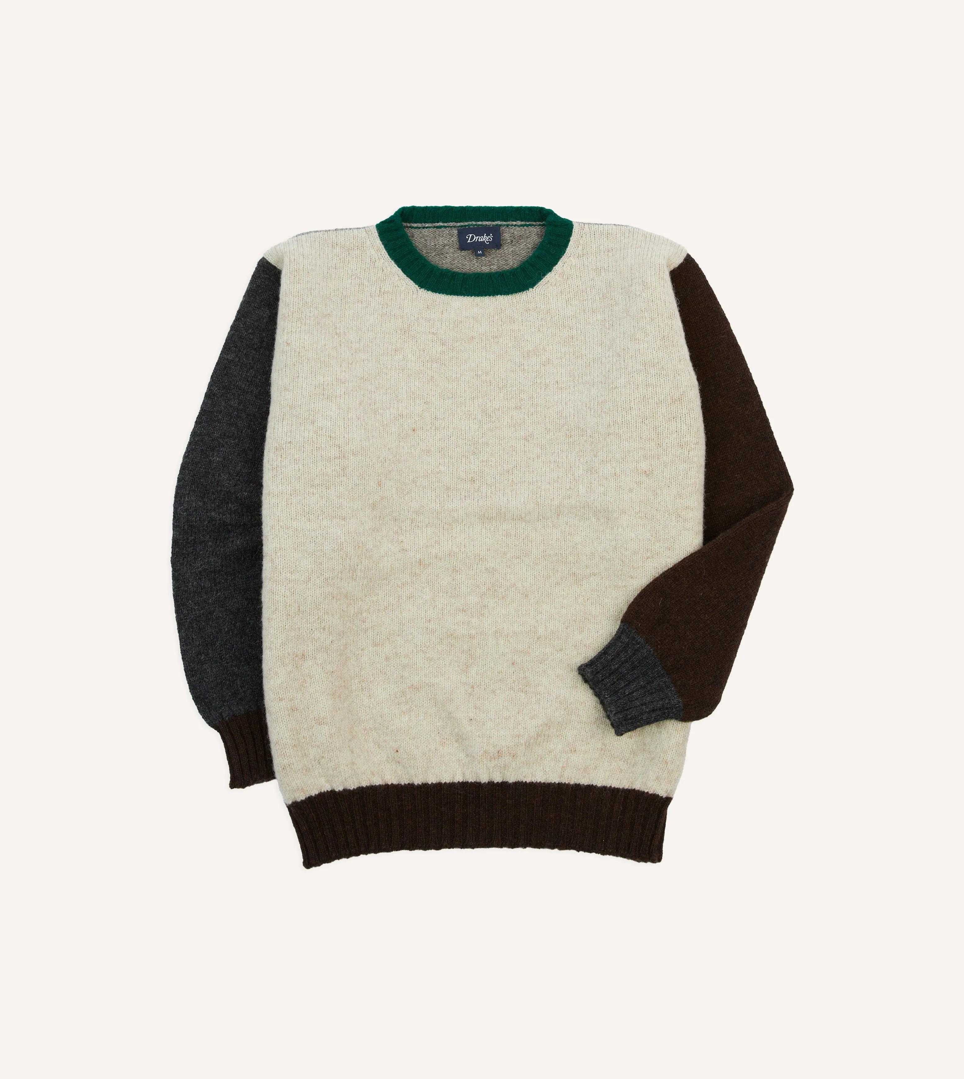 Ecru Multi Colourblock Brushed Shetland Crew Neck Jumper sold by Drake's London