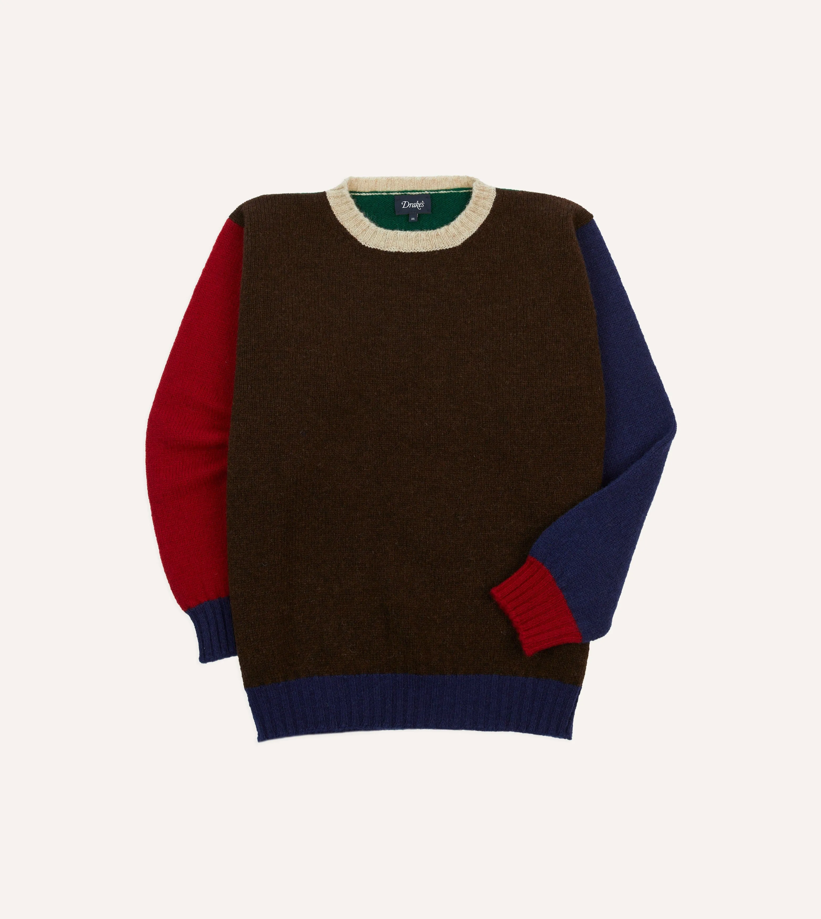 Brown Multi Colourblock Brushed Shetland Crew Neck Jumper sold by Drake's London