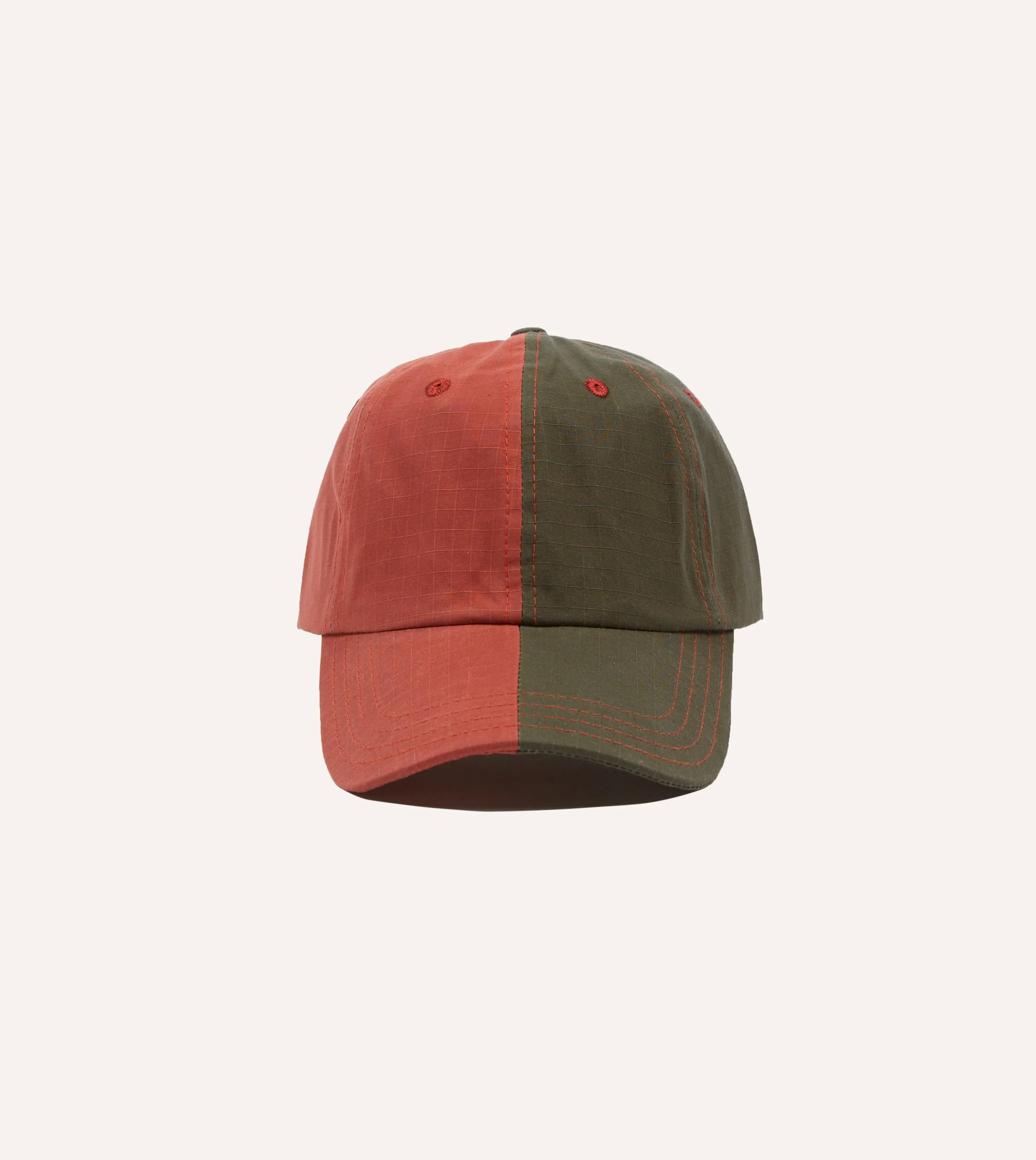 Olive and Red Two-Tone Ripstop Cotton Baseball Cap sold by Drake's London