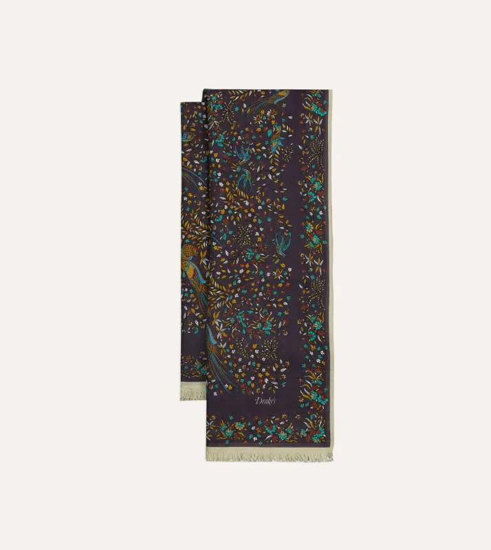 Purple Birds of Paradise Print Tubular Wool Silk Scarf sold by Drake's London