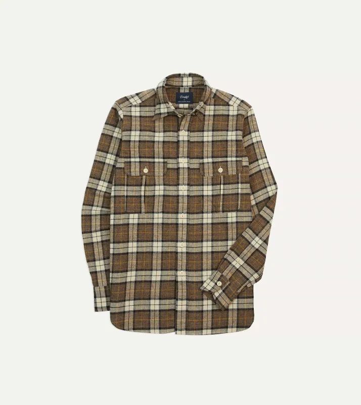 Brown Check Brushed Cotton Two-Pocket Work Shirt sold by Drake's London