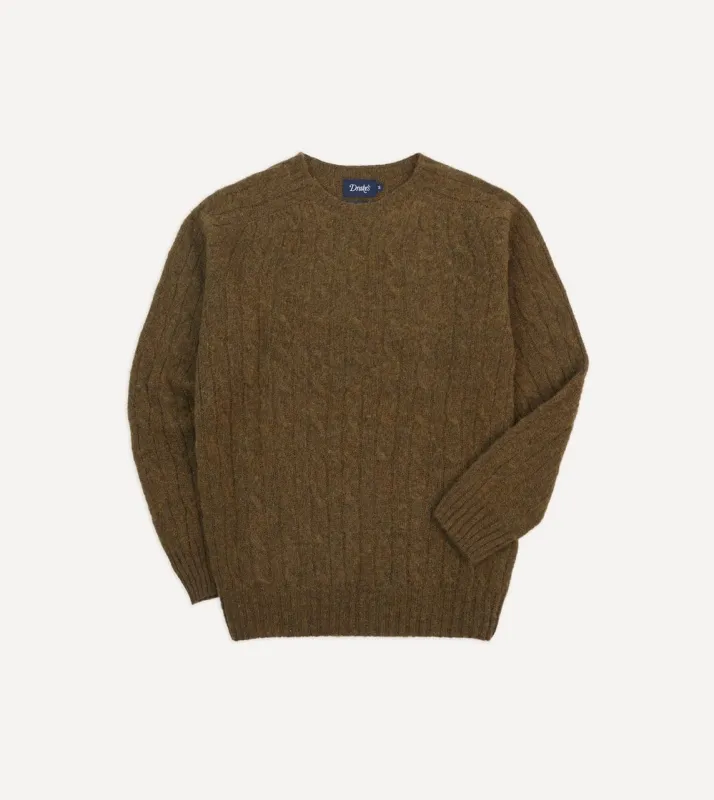 Olive Brushed Cable Knit Shetland Crew Neck Jumper sold by Drake's London
