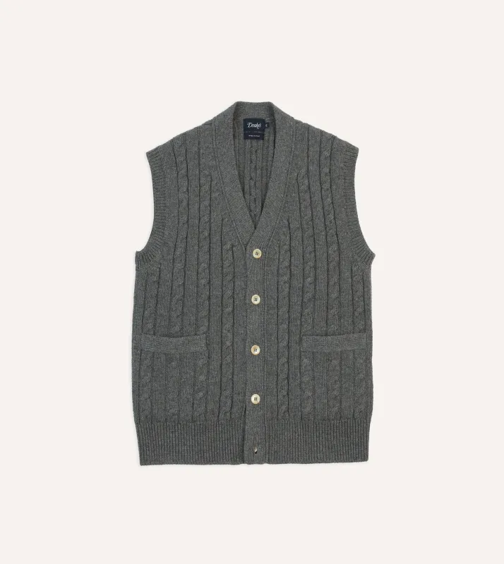Grey Alpaca Lambswool Cable Knit Sleeveless Cardigan sold by Drake's London