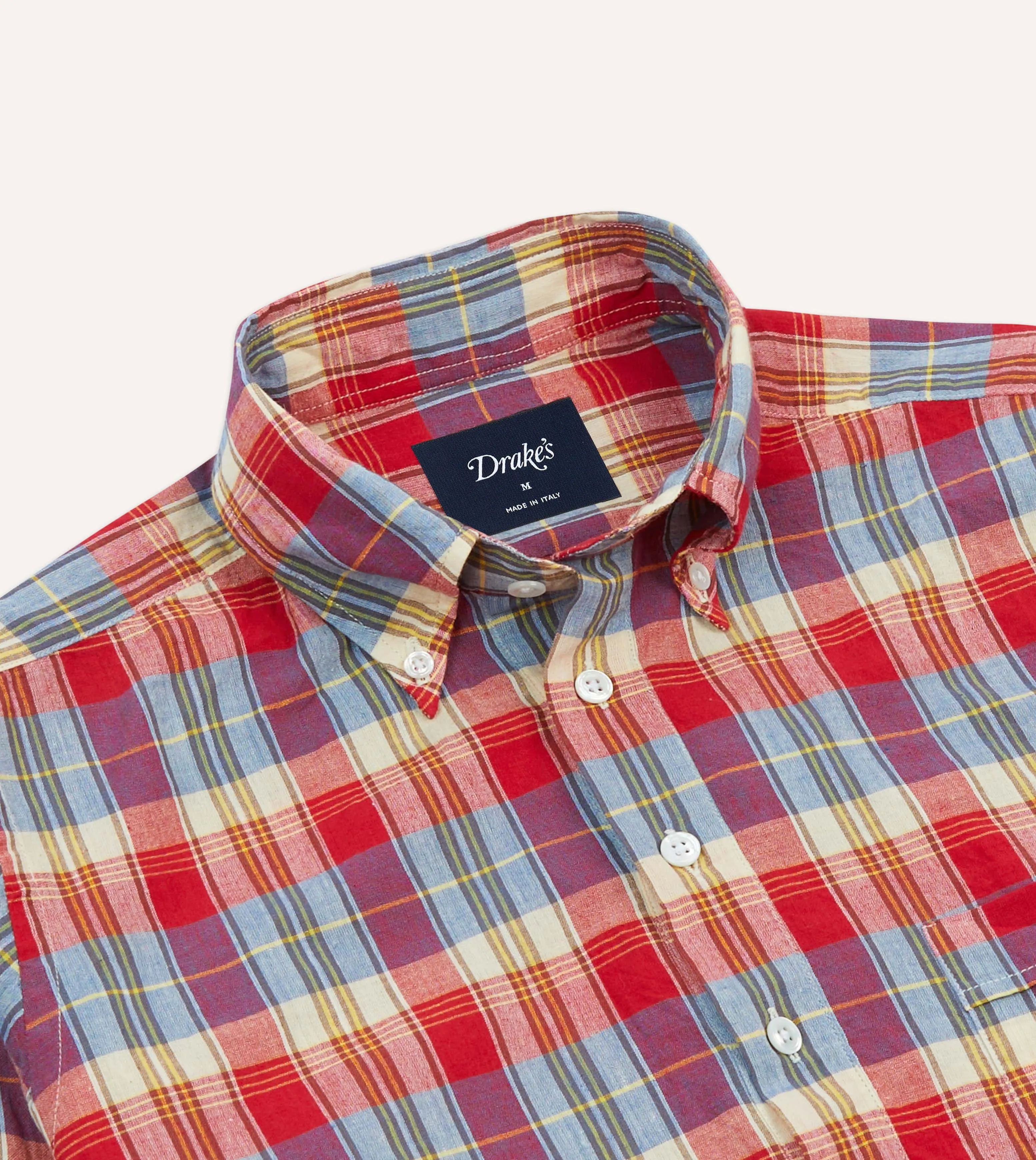 Red and Blue Madras Check Cotton Button-Down Popover Shirt sold by Drake's London product image thumbnail 3