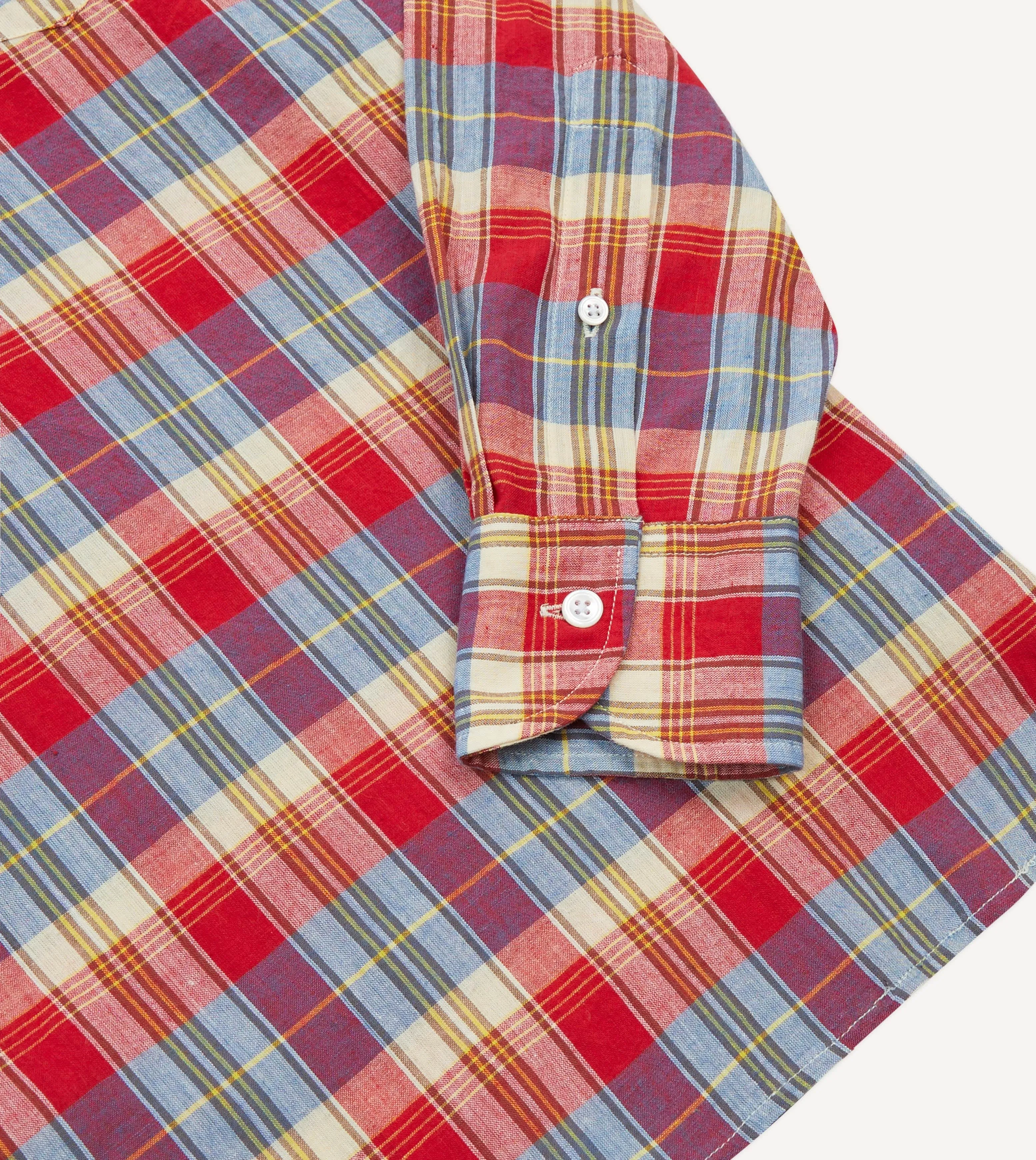 Red and Blue Madras Check Cotton Button-Down Popover Shirt sold by Drake's London product image thumbnail 5