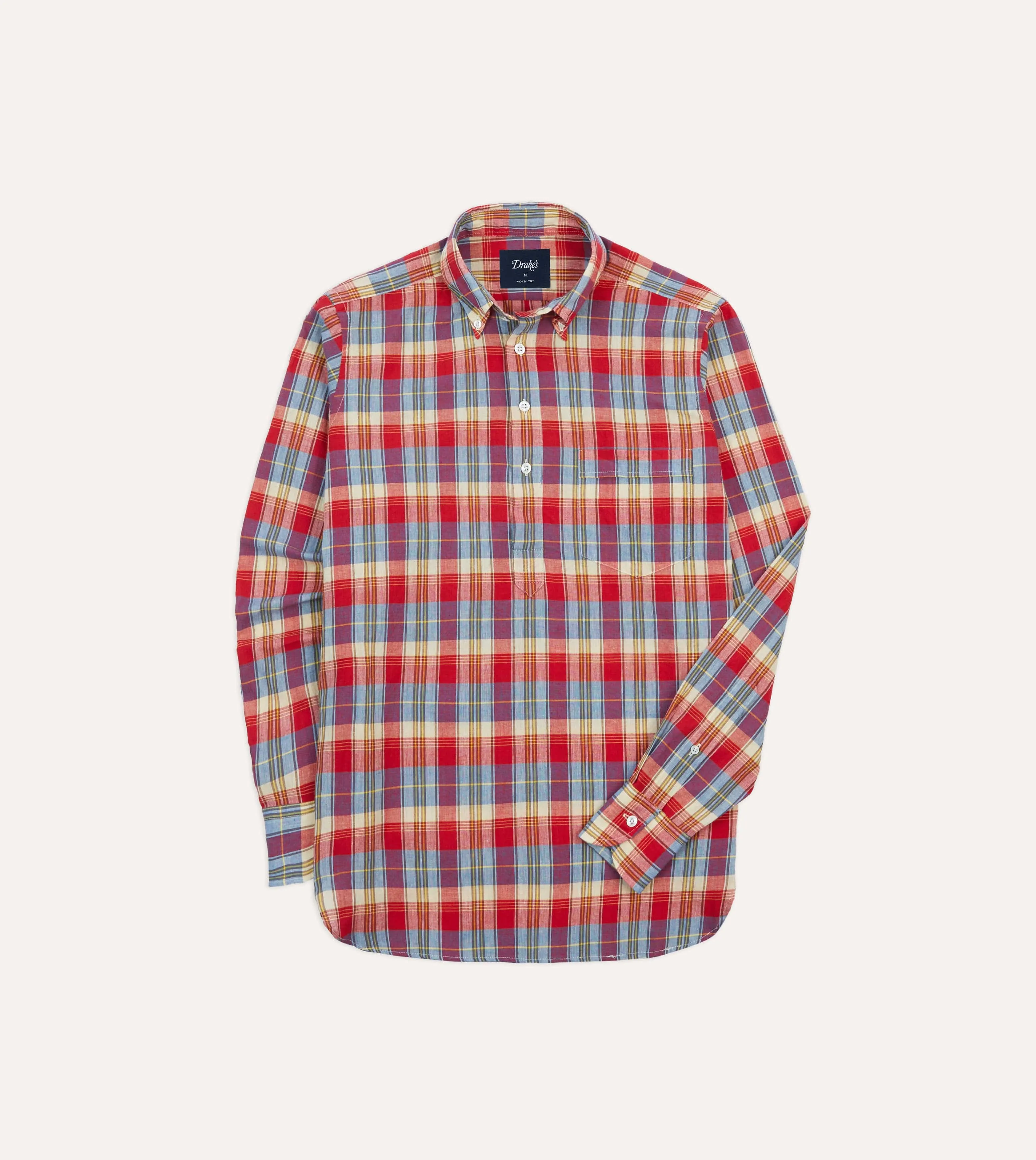 Red and Blue Madras Check Cotton Button-Down Popover Shirt sold by Drake's London