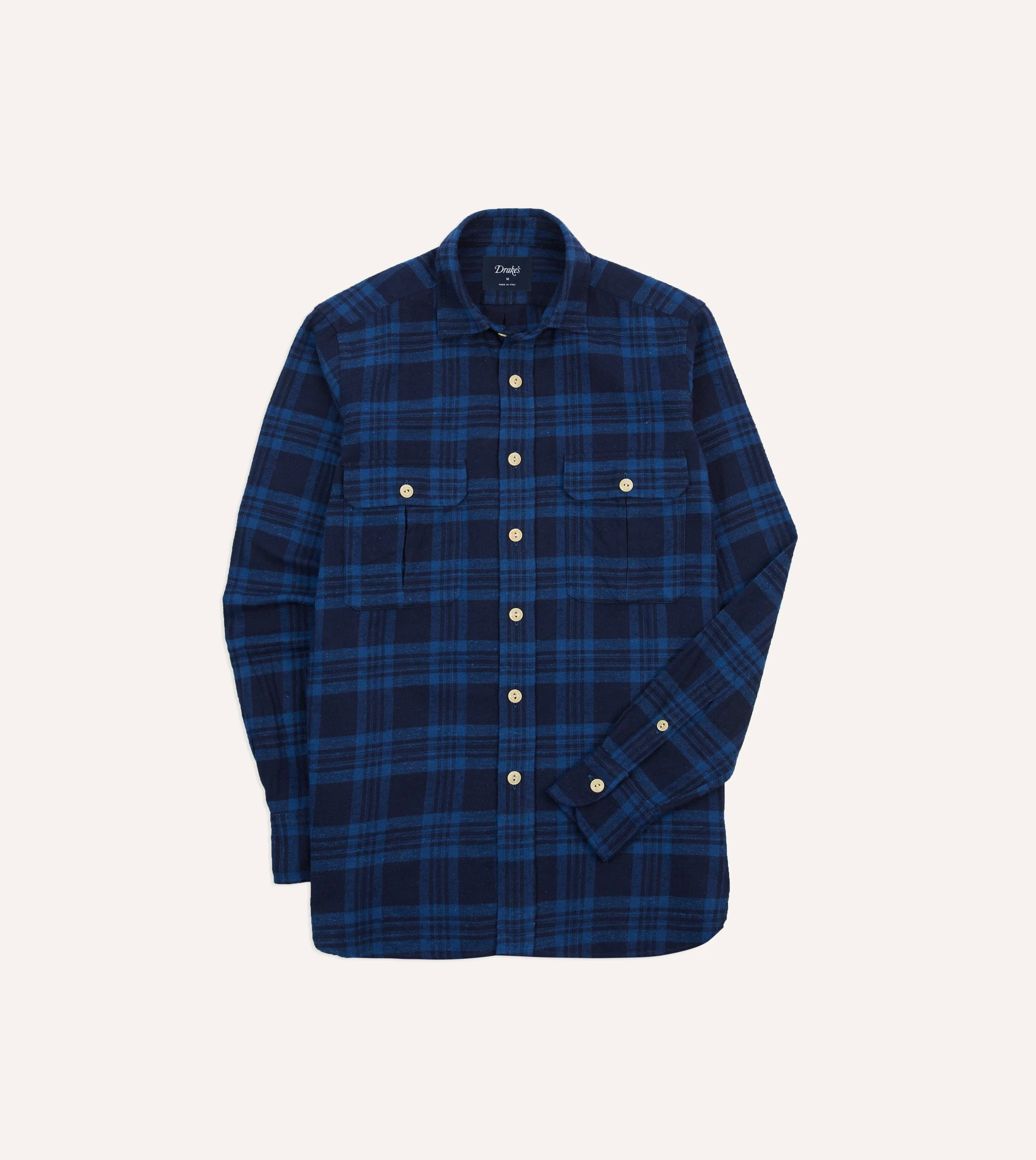 Navy Check Brushed Cotton Two-Pocket Work Shirt sold by Drake's London