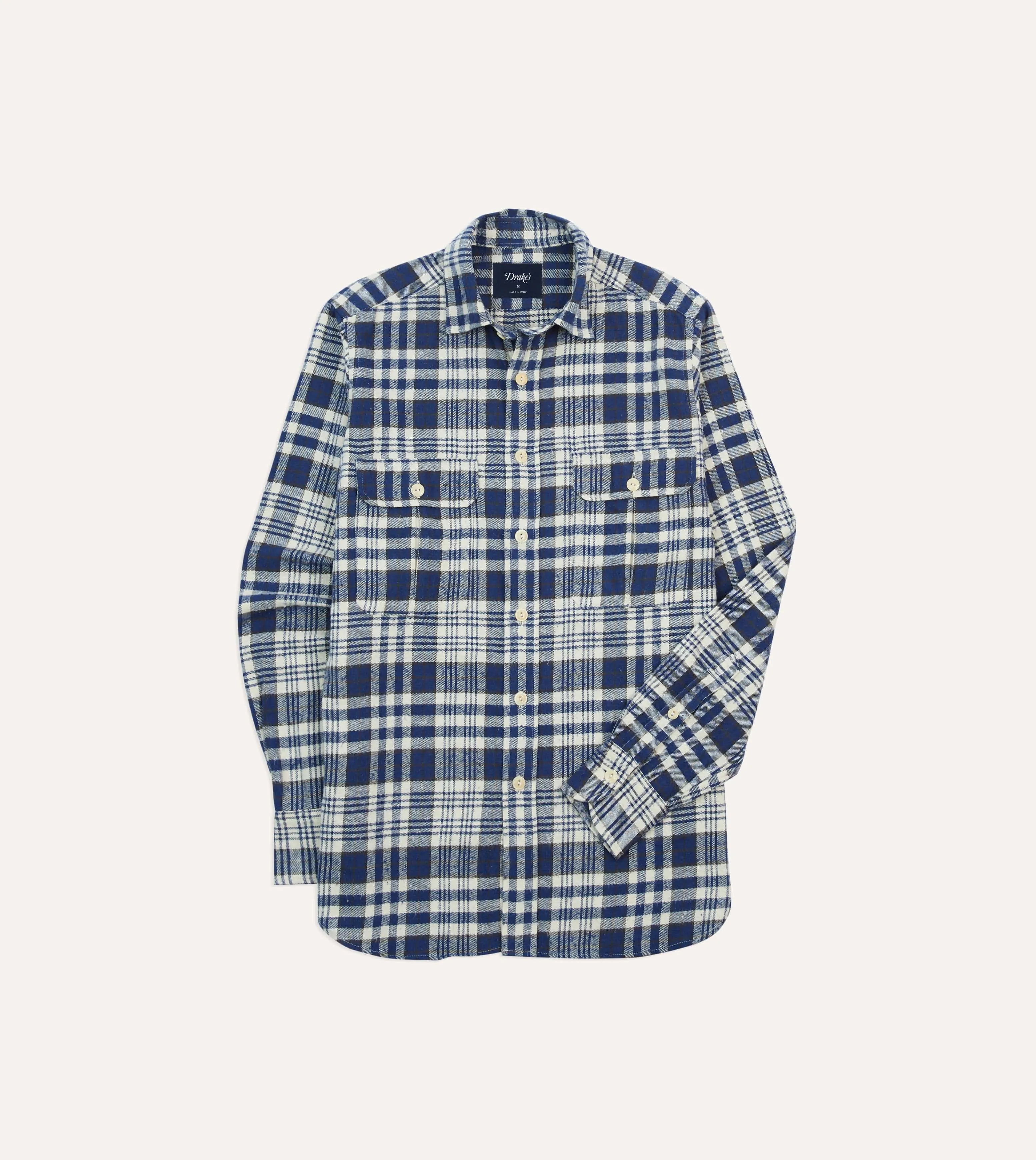 Blue Check Brushed Cotton Two-Pocket Work Shirt sold by Drake's London