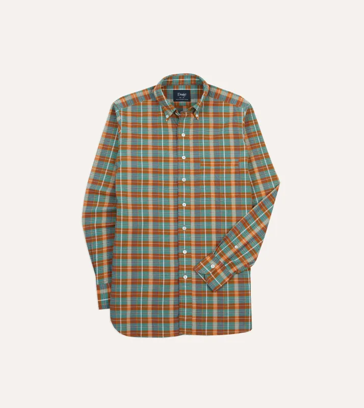 Orange and Blue Madras Check Cotton Button-Down Shirt sold by Drake's London